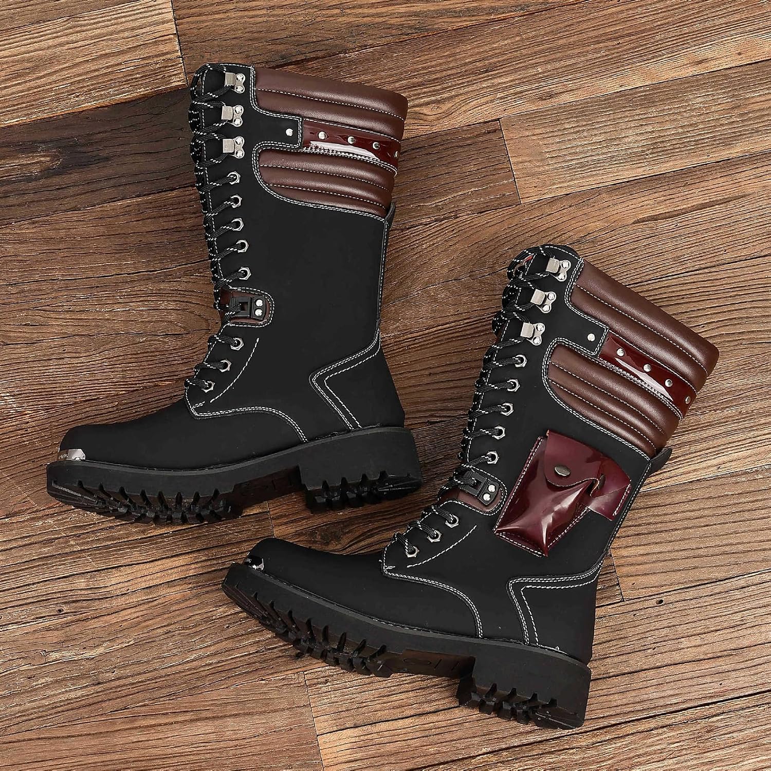Men's Leather High Top Boots, Mid Calf Lace Up with Metal Buckle, Non-Slip Motorcycle Style for Backpacking and Daily Use