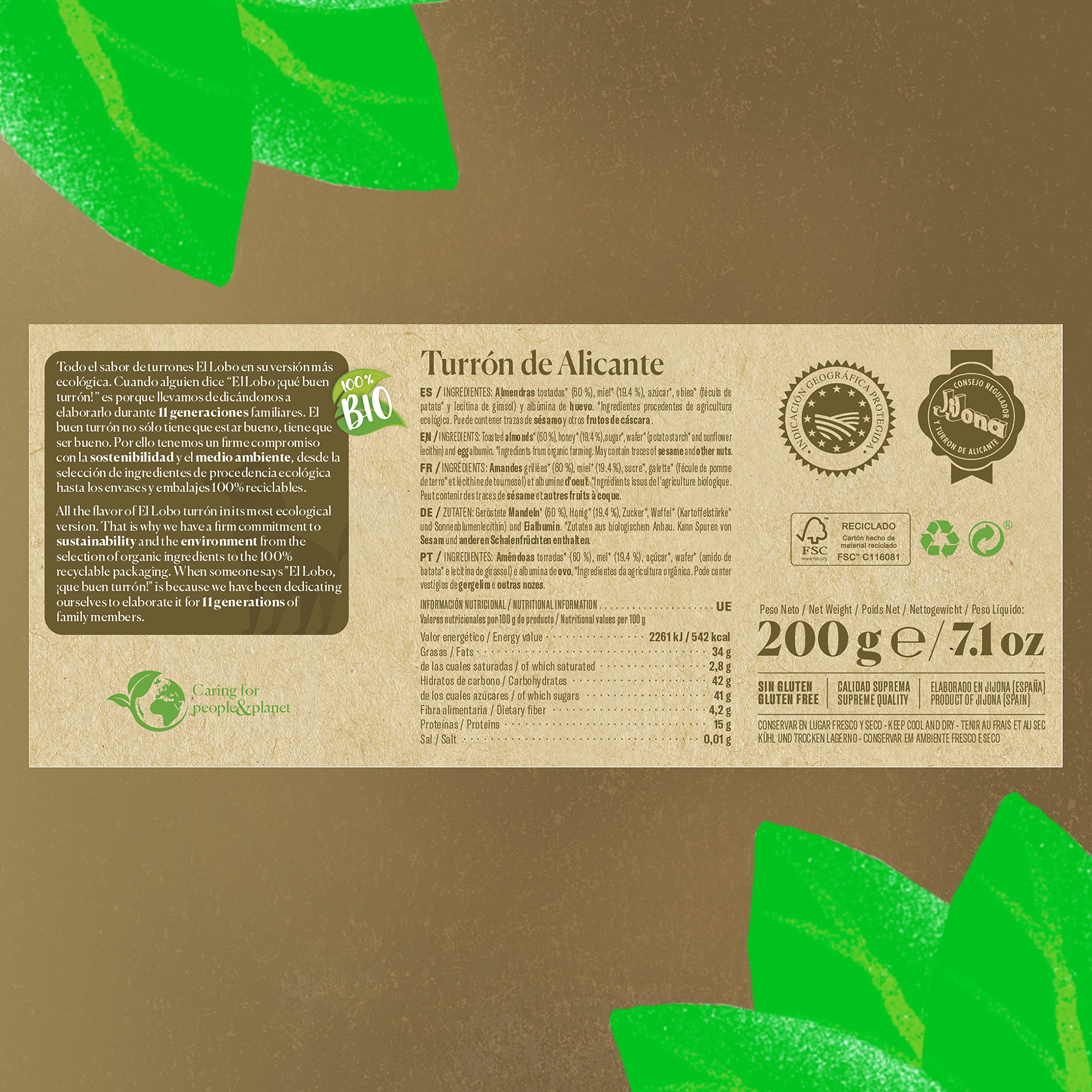 EL LOBO - Turrón de Alicante 100% BIO 200g, "All Natural", Ecofriendly, Turrón Tradicional, Ingredientes Naturales, Textura Crujiente, Calidad Suprema, Sin Gluten