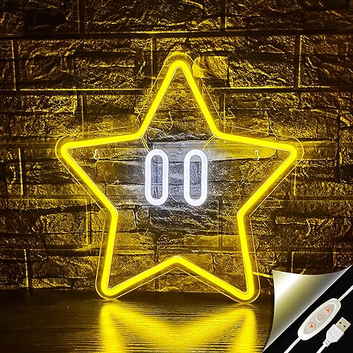 Star Neon Sign, Gaming Neon Sign for Game Room Decor, Man Cave, Kids Room,Super Star Gaming Wall Decor Gamer Gifts for Boys, Kids - Yellow with White Backplate