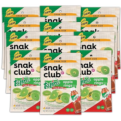 Snak Club Anillos de manzana Tajin, bocadillos dulces y sabrosos, tamaño de aperitivo de 2.5 onzas, 12 unidades