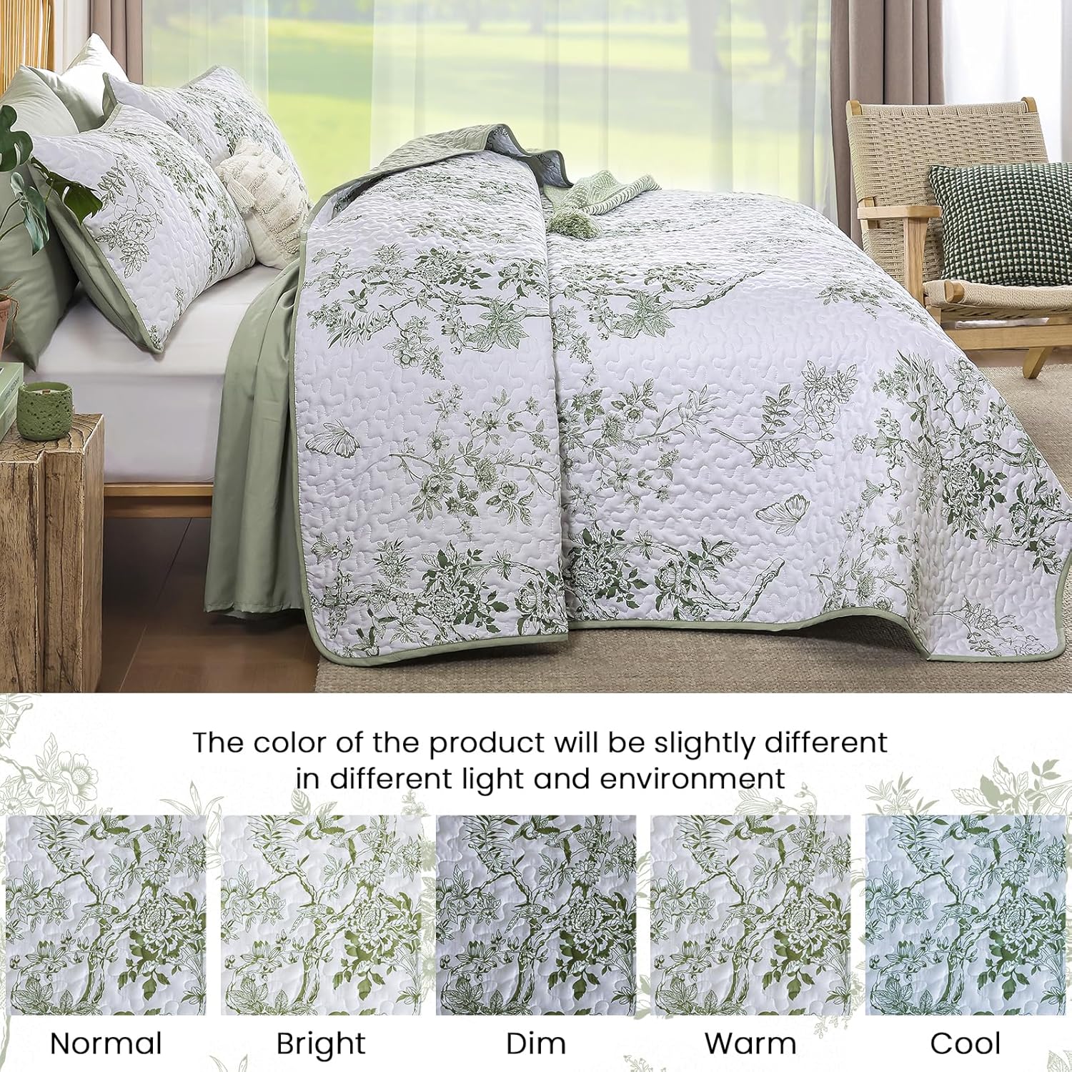 WONGS BEDDING Green Floral Quilt Set Queen,Botanical Leaf & Butterfly Pattern Quilts Bedspread Coverlet Set,Soft Beautiful Farmhouse Plants Quilts Bedding Set - Image 4