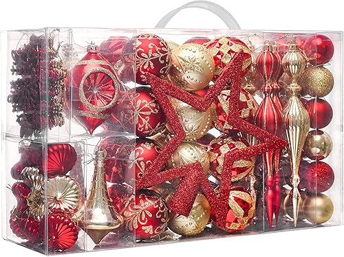 Valery Madelyn Adornos para árboles de Navidad, 100 unidades, color rojo y dorado, irrompibles, adornos de bola colgante de lujo a granel