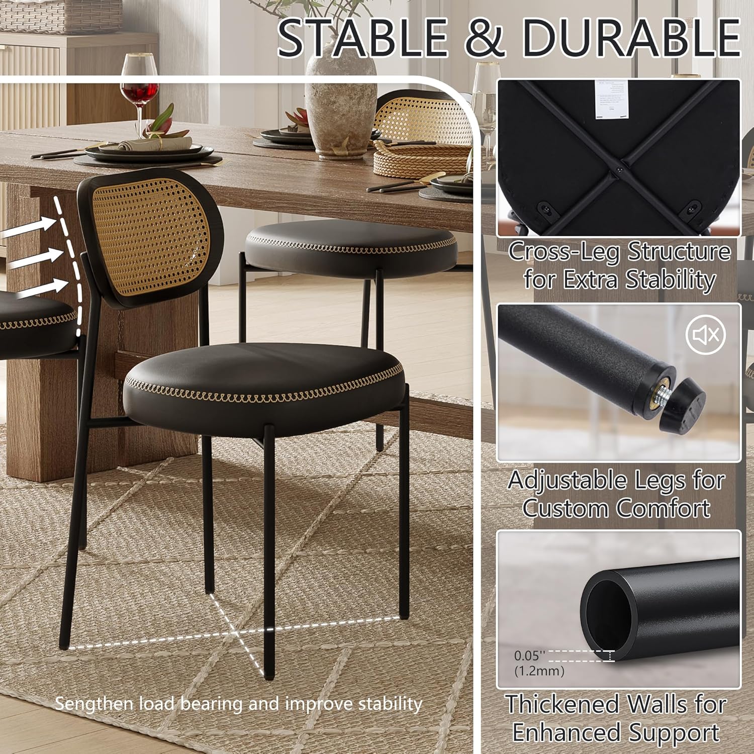 Rattan Dining Chairs Set of 4, Leather Upholstered Dining Chairs with Rattan Cane Back, Mid Century Modern Dining Room Chairs with Black Metal Legs & D-Shaped Thicken Cushion, Black