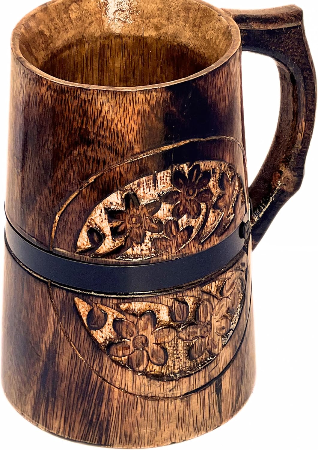 collectiblesBuy Hand Carved Floral Beer Tankard with Black Metal Strap – Handmade Antique Stein Mug for Beer, Wine & Beverages | Retro Drinkware & Vintage Kitchen Décor