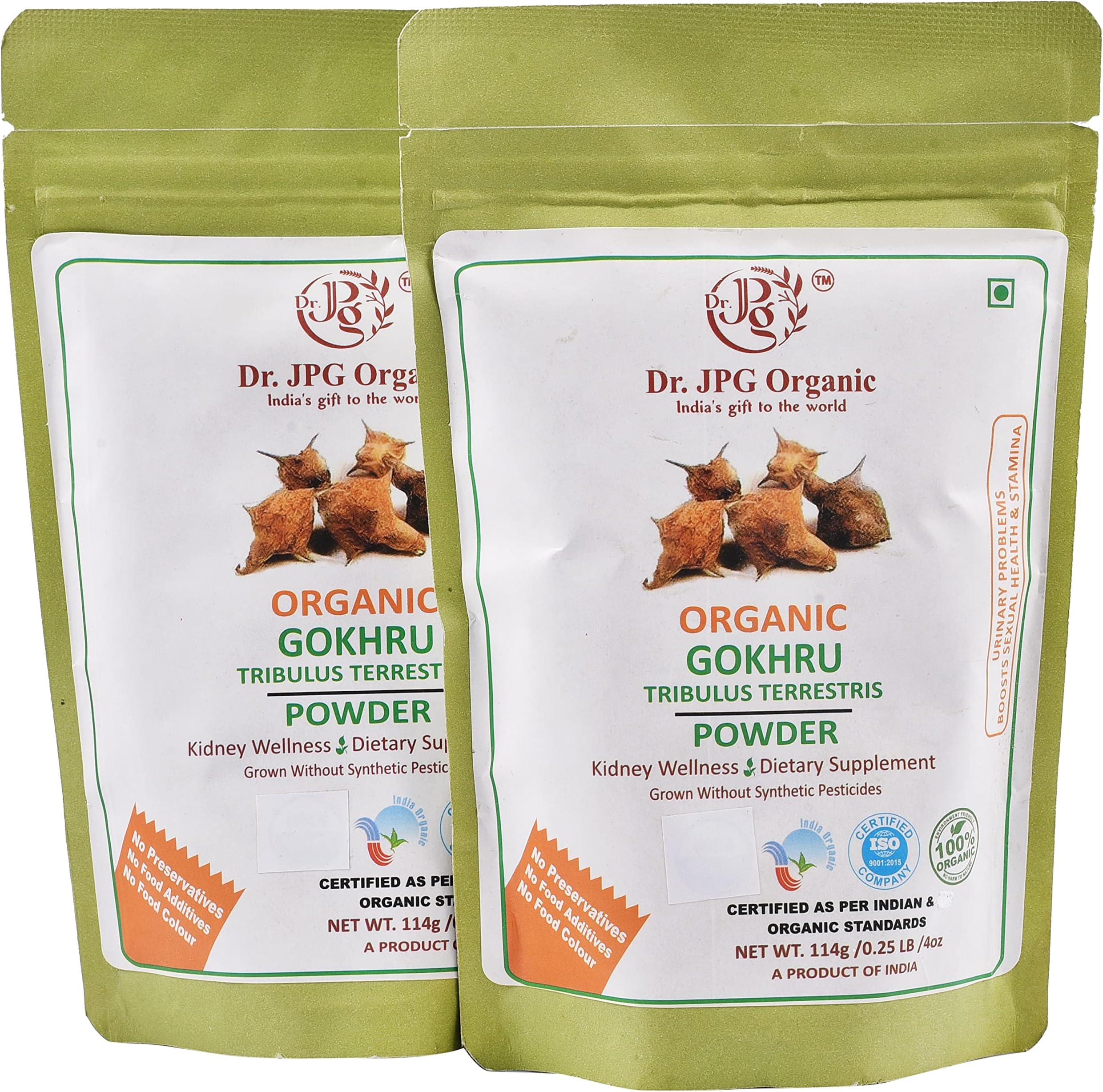 Dr. JPG Organic Gokhru Powder-228g / Gokshura powder/Tribulus Terrestris-INDIA ORGANIC Certified / 114g X 2PC=228g