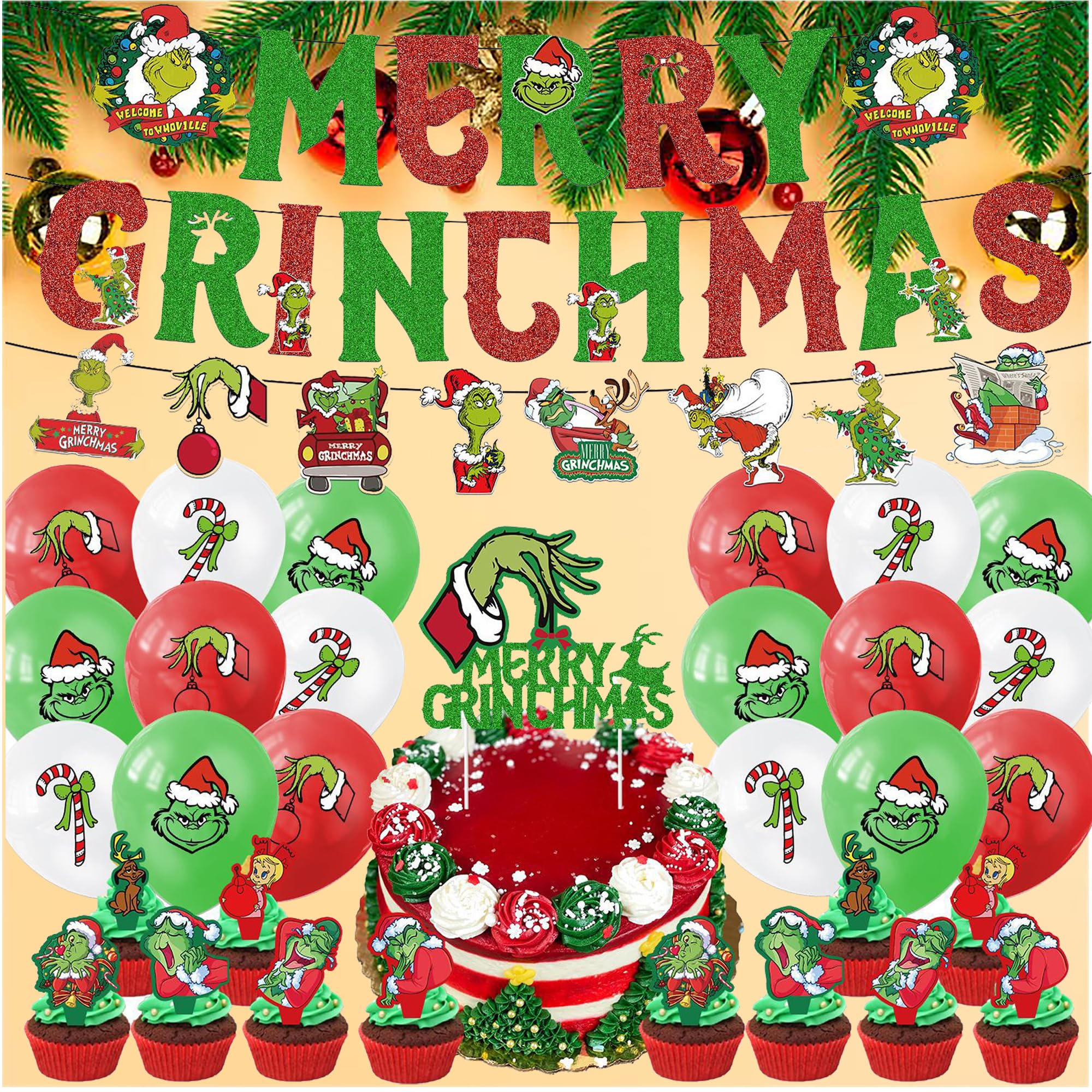 Set di 33 palloncini natalizi decorativi, decorazioni per feste a tema natalizio, palloncini rossi verdi Grinch, striscioni natalizi, kit di posizionamento biglietti
