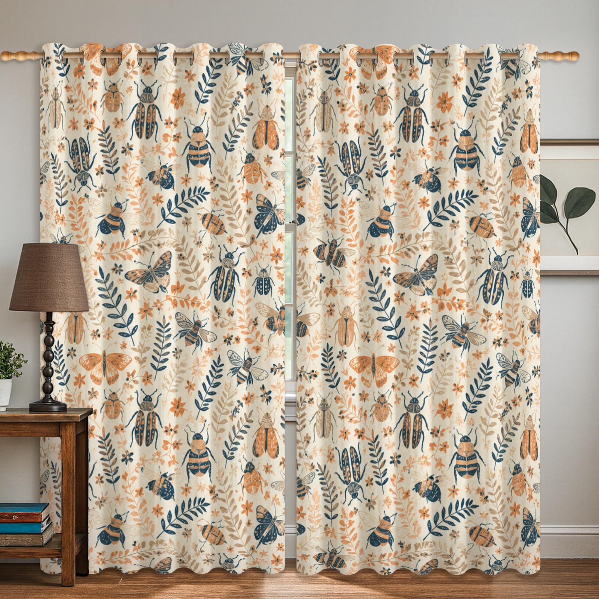 Rideaux occultants crème motif papillon et abeille pour chambre d'enfant 132x183cm
