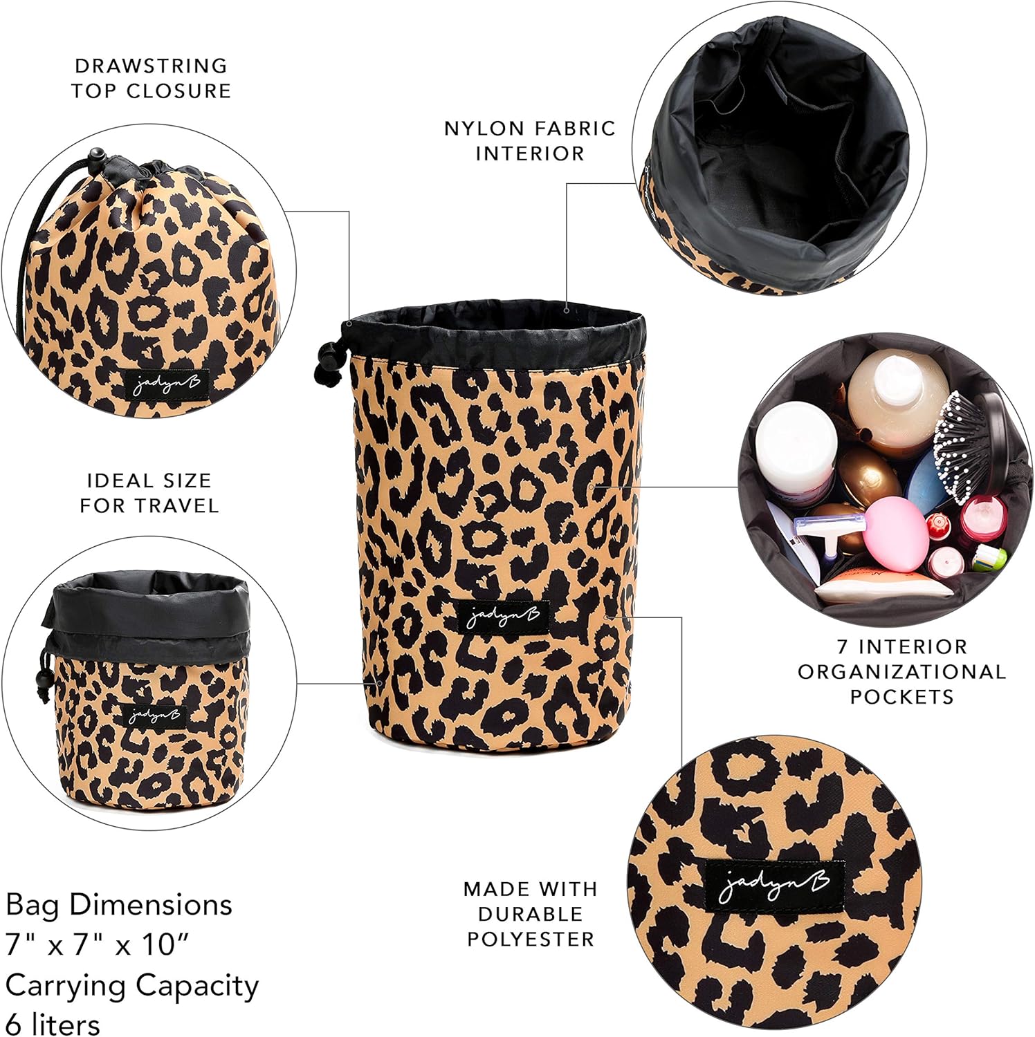 Jadyn Durable Cinch Top Makeup Organizer - Compact Travel Makeup Bag - 7 Interior Pockets for Cosmetics - Drawstring Toiletry Travel Bag for Women - 6L Storage Capacity - (Leopard) - Image 7