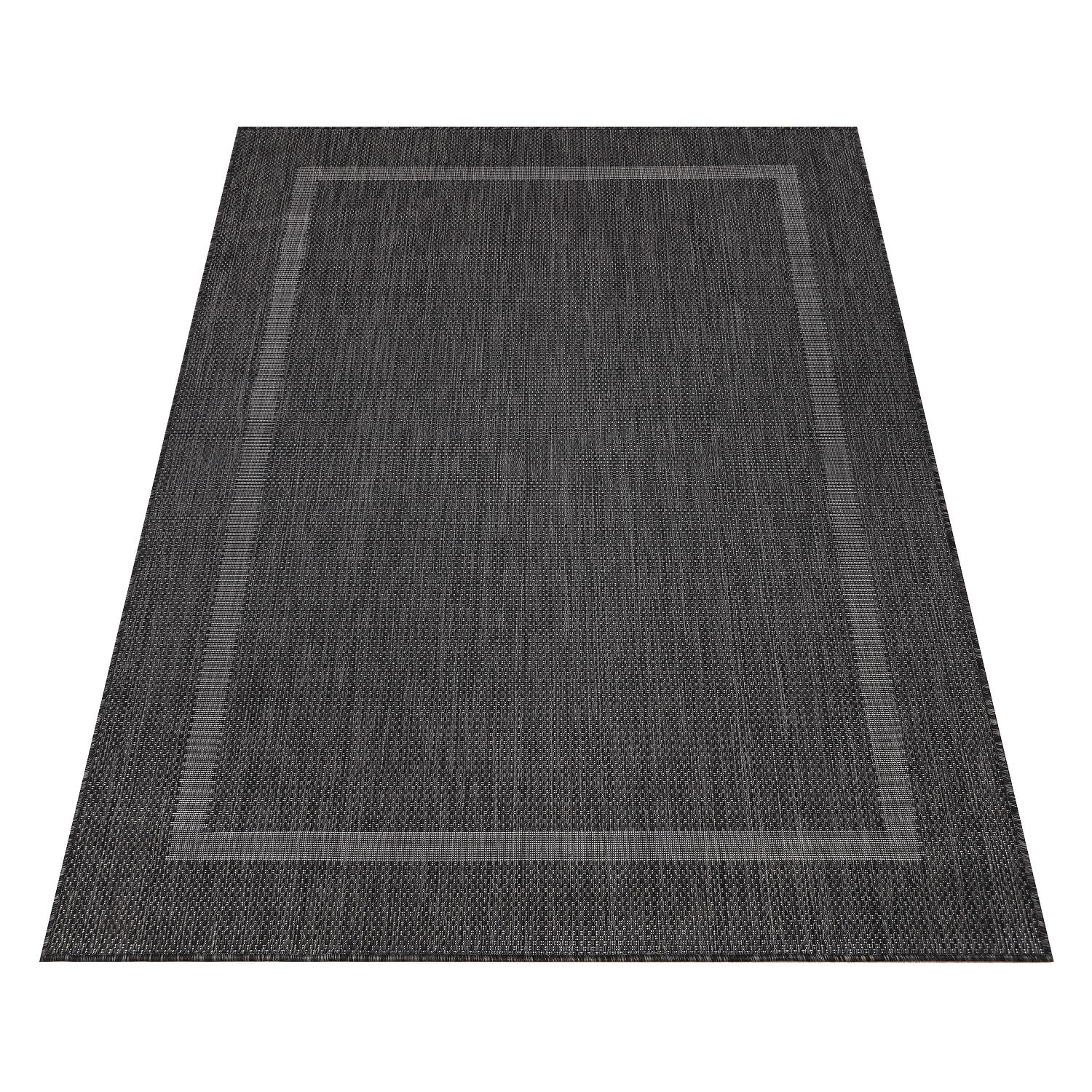 Teppium Outdoor Teppich Wetterfest 160 x 230 cm Schwarz Sisal Optik - Küchenteppich Waschbar rutschfest, Wasserfest, Bordüre, Pflegeleicht - Ideal für Balkon, Terassen, Garten, Camping oder Küche