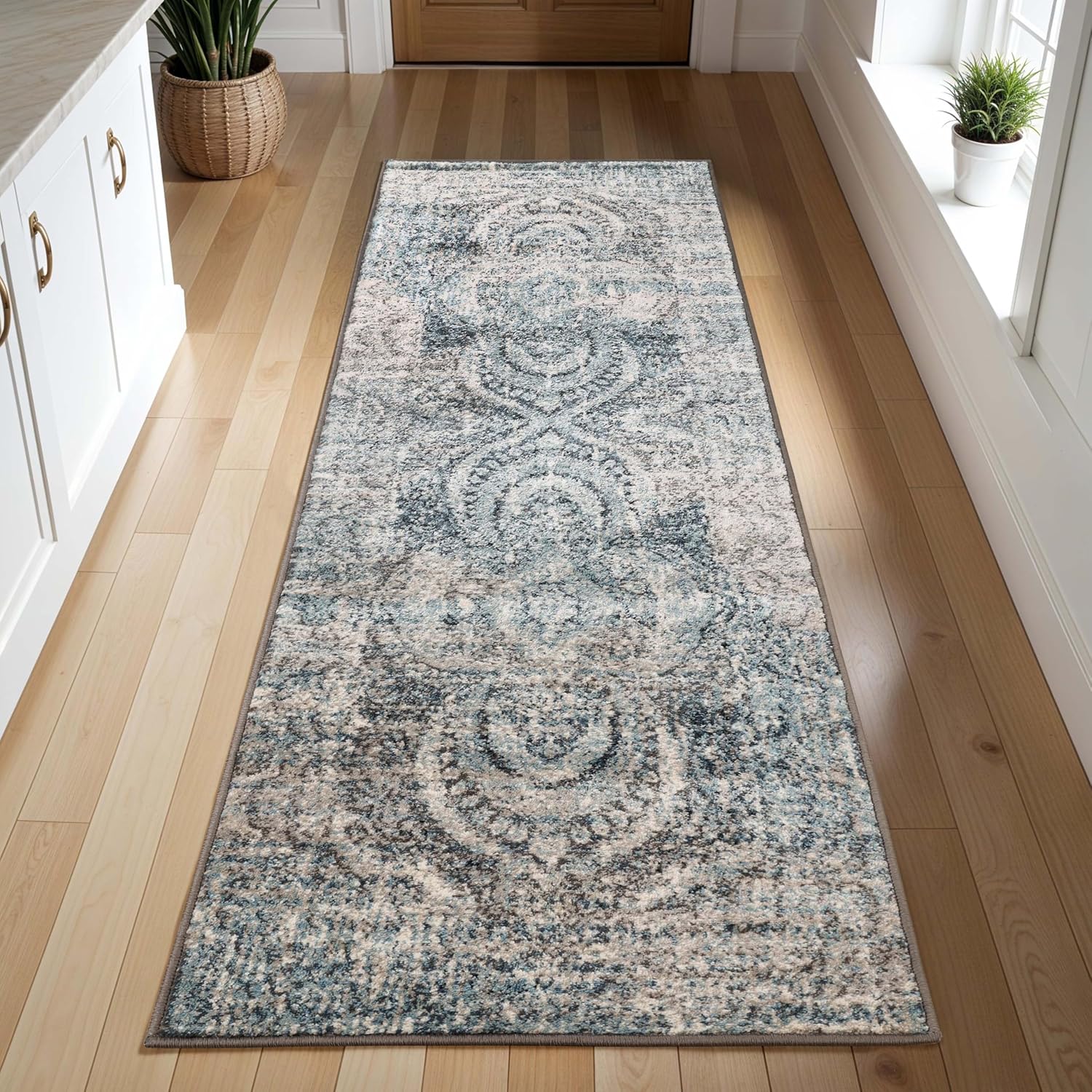 Superior Indoor Runner Rug, Jute Backing for Kids or Pets, Entryway, Living Room, Kitchen, Dorm, Bedroom, Hallway, Plush Rugs, Vintage Abstract Medallion, Salford Collection, 2' 7" x 8', Blue-Beige