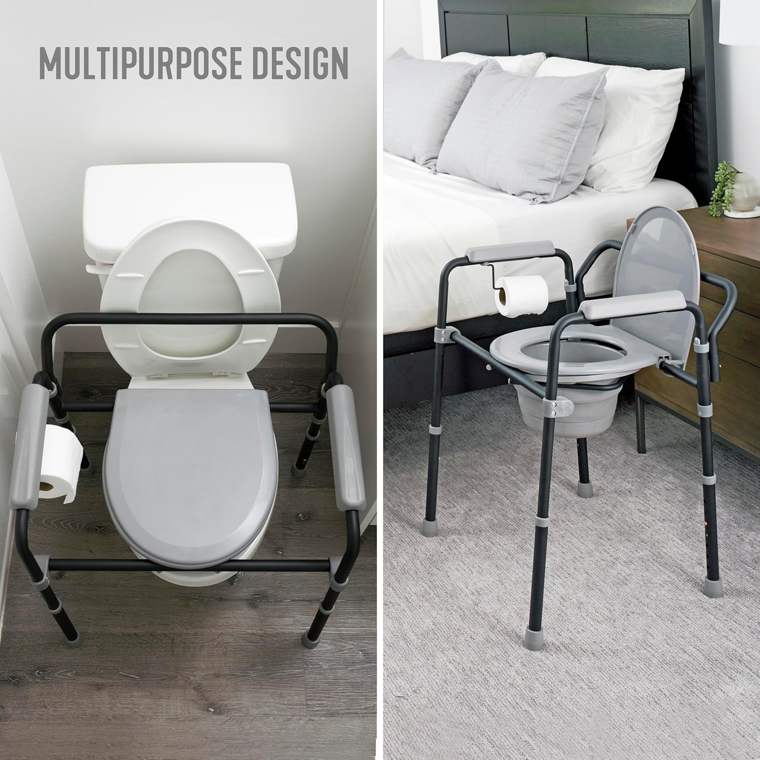 Able Life Universal Bedside Commode, Extra Wide 3-in-1 Adjustable Toilet Safety Rail, Shower Chair and Portable-Toilet, Handles for Seniors, Elderly Adults, Camping Commode-Chair, Removable Bucket