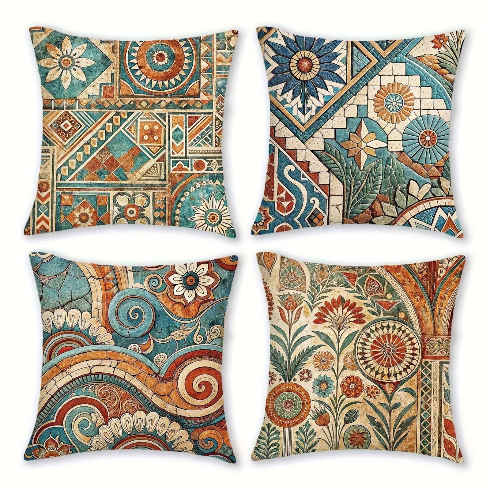 QiHon Brown Green Bohemian Cushion Covers 30x30 cm Set of 4, Decorative Throw Pillow Cases, 12x12 inch Square Linen Pillowcases for Sofa Living Room Bedroo
