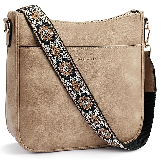 BOSTANTEN Crossbody Bags for Women Trendy Vegan Leather Hobo Purses Shoulder Handbags Wallet Set With Wide Shoulder Strap Light Brown