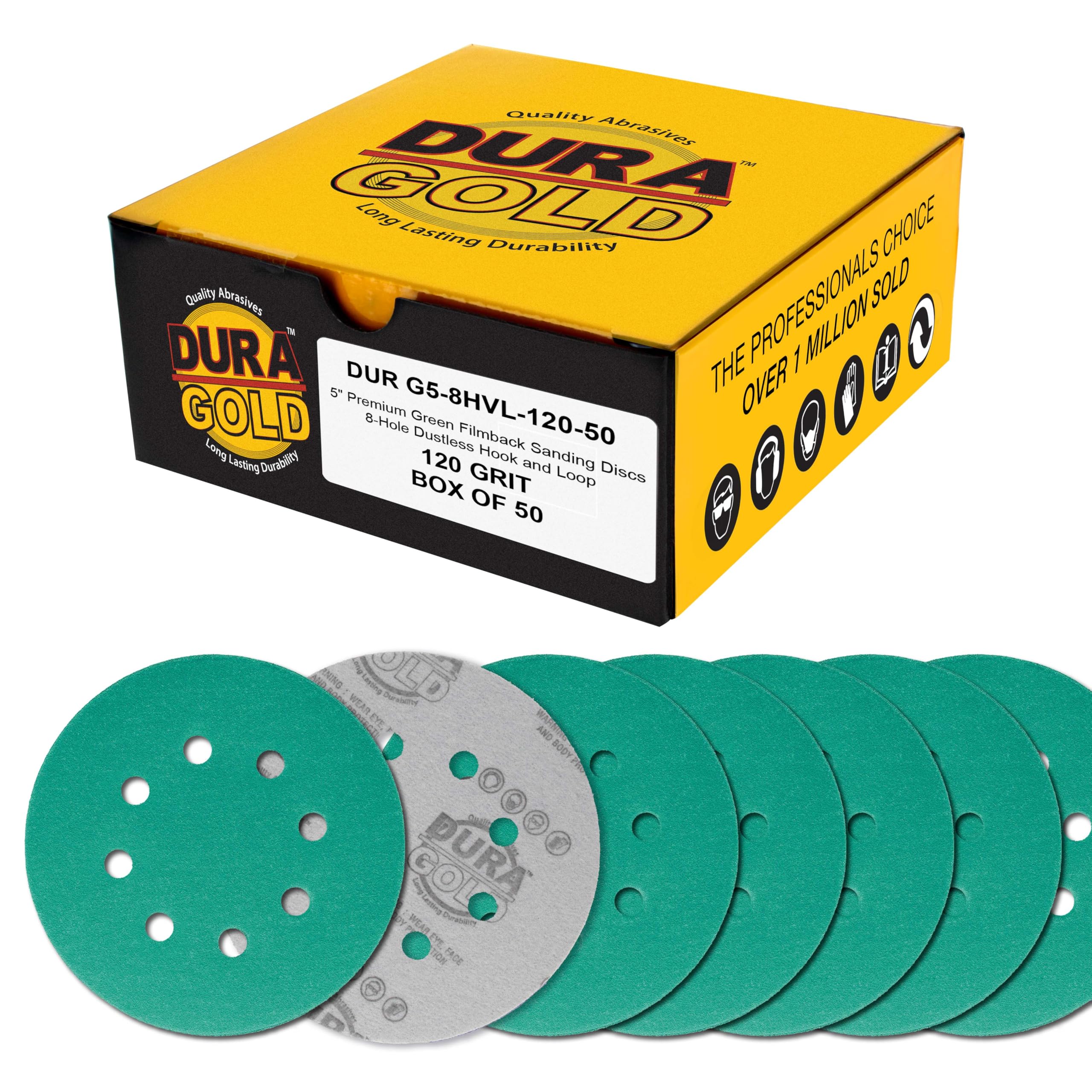 Dura-Gold Premium 120 Grit 5" Green Film Sanding Discs, 8-Hole Pattern, Box of 50 - Dustless Hook & Loop Backing Sandpaper for DA & Random Orbital