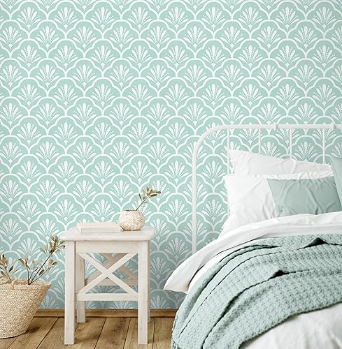 Miniatura 2 de Guvana Papel tapiz geométrico para despegar y pegar, de 17.32 x 118 pulgadas, color verde, patrón de enrejado blanco, papel de contacto,