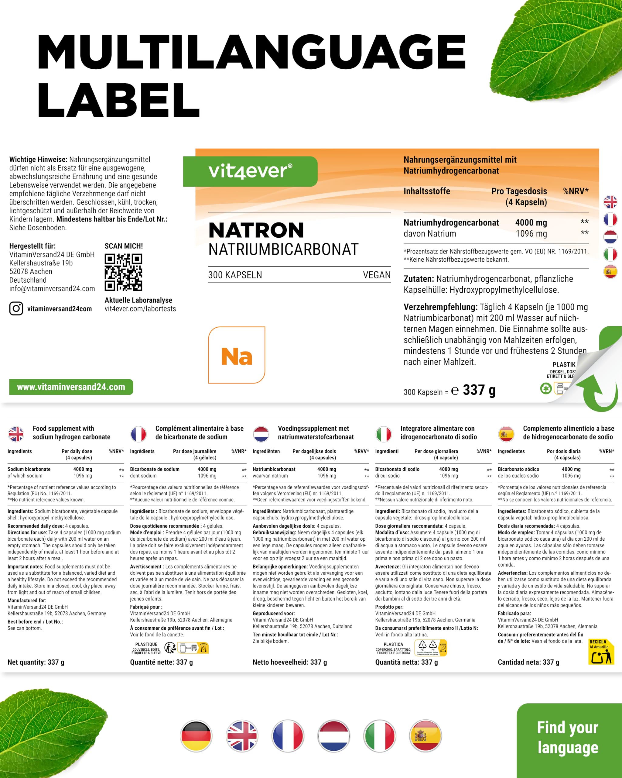 vit4ever Natron Kapseln - 300 Kapseln - 1000 mg Natron | 4000 mg Natriumhydrogencarbonat pro Tagesdosis, über 99 % Reinheit, vegan & ohne unnötige Zusätze