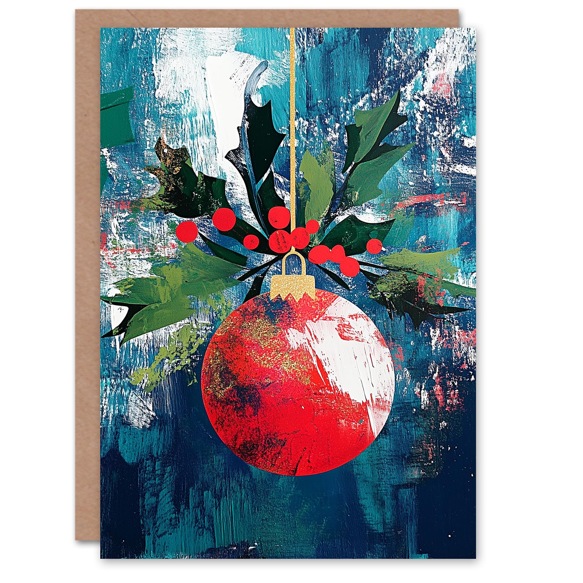 Artery8 Christmas Greeting Card - Red Bauble Ornament Holly Design