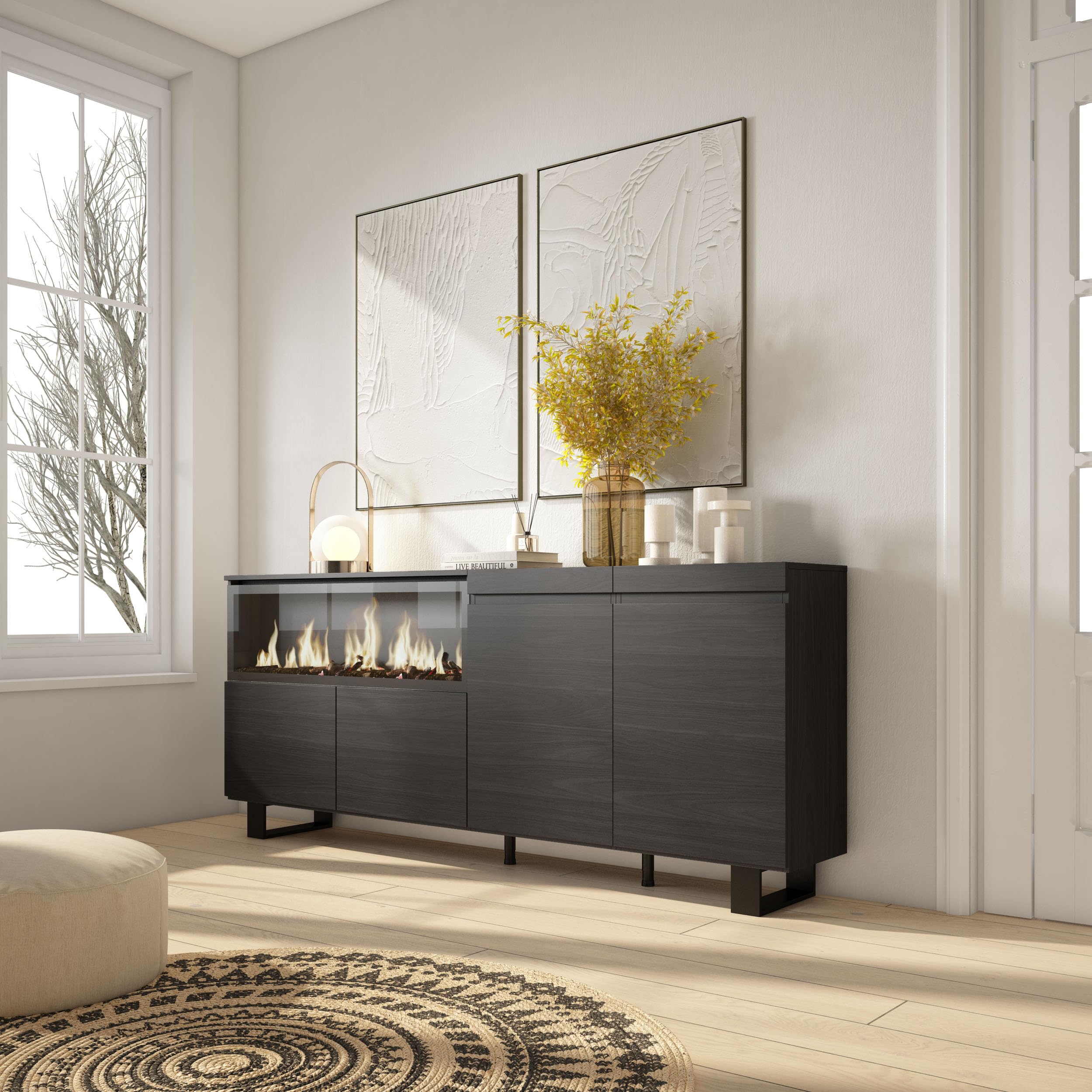 Skraut Home Credenza, Mobile, Cucina Madia, mobile ingresso 200x87x35cm 4 Porte Camino elettrico Design industriale Stile moderno Rovere e nero
