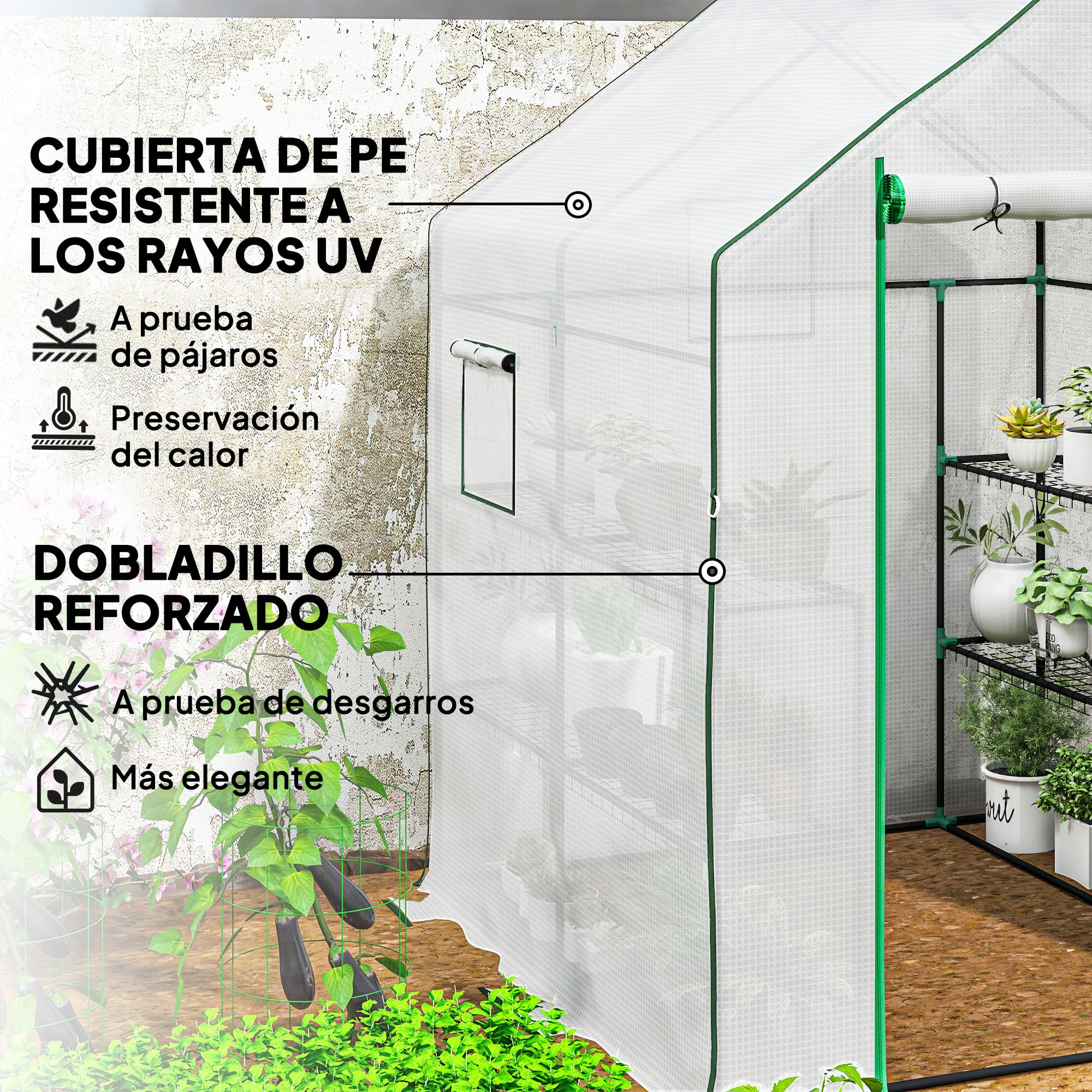 Outsunny Serra tunnel 3 livelli 8 ripiani 140x143x190 cm Bianca | Piccola serra, copertura PE rinforzata, serra da giardino, porta arrotolabile, tre finestre a rete