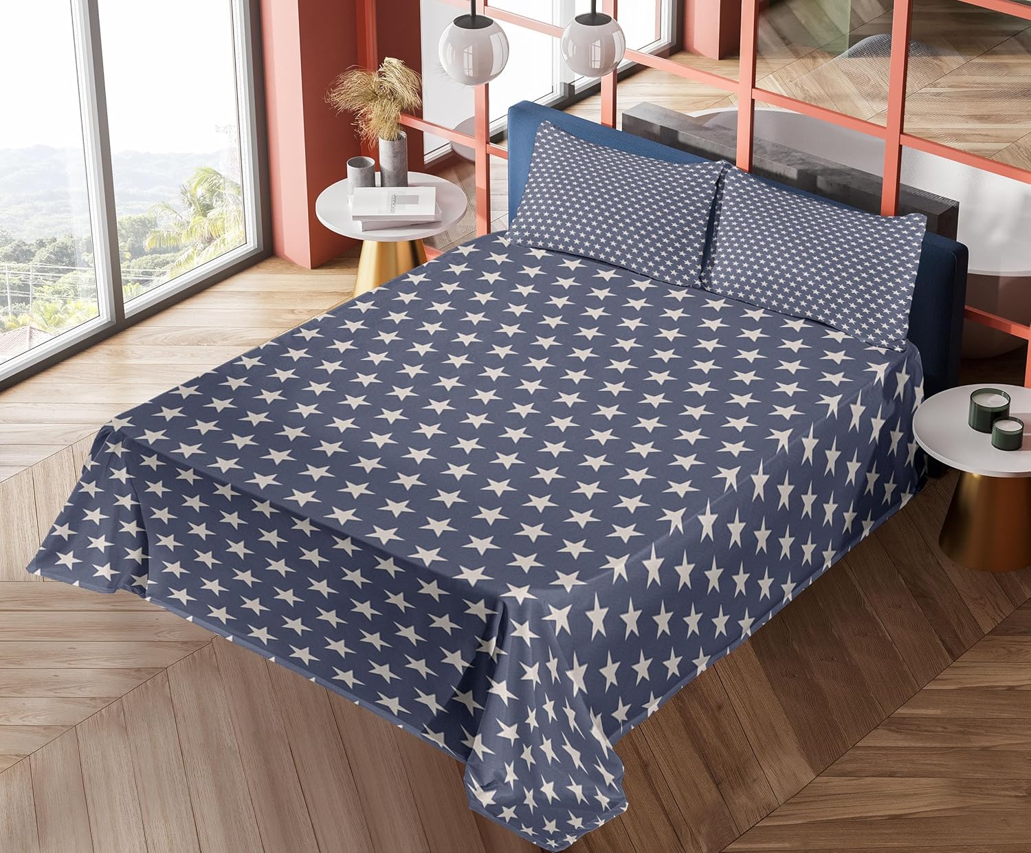 Ambesonne Star Sheet Set, Patriotic Star of The American Flag Independence Themeds of Freedom, Fitted and Flat Sheet with Pillowcases Bedding Accent 4 Piece Set, Queen, Night Blue Tan
