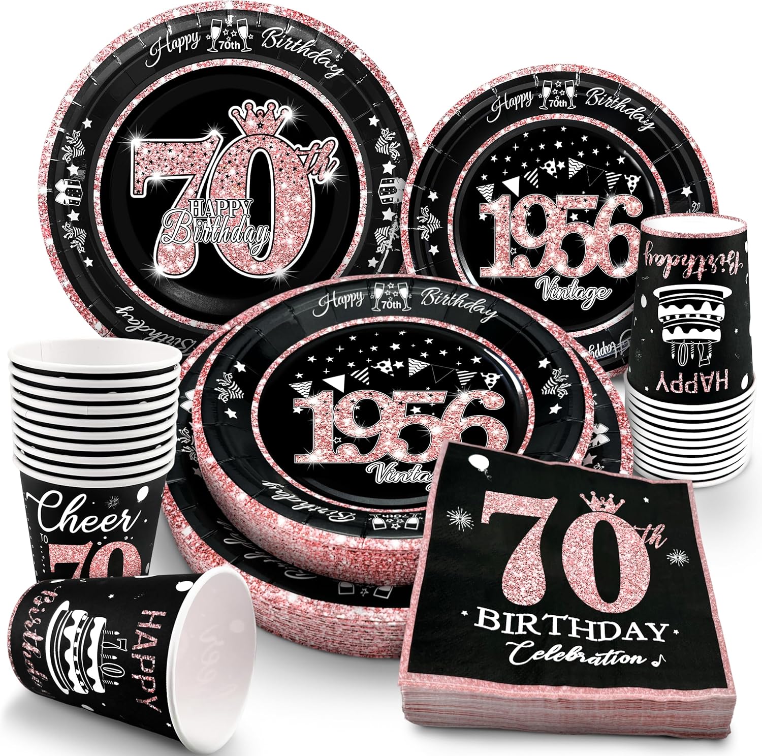 70th Birthday Decorations Rose Gold, Service for 30, Vintage 70th Birthday Party Supplies Includes Rose Gold 1956 Plates, Napkins,Cups, Plates and Napkins for Women