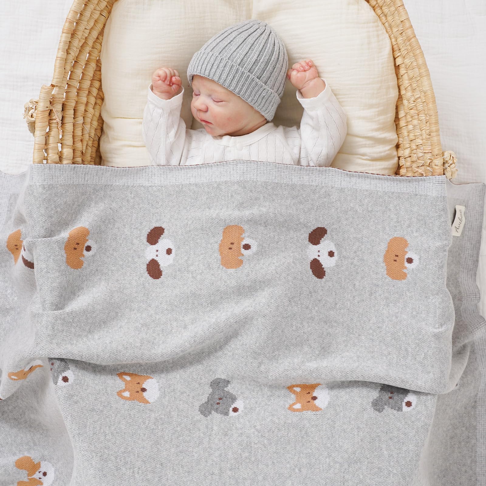 Avibae Cotton Baby Blanket for Newborns Soft Knitted Receiving Blanket for Pram and Cot with Cute Dog Pattern 100x80cm - Image 2