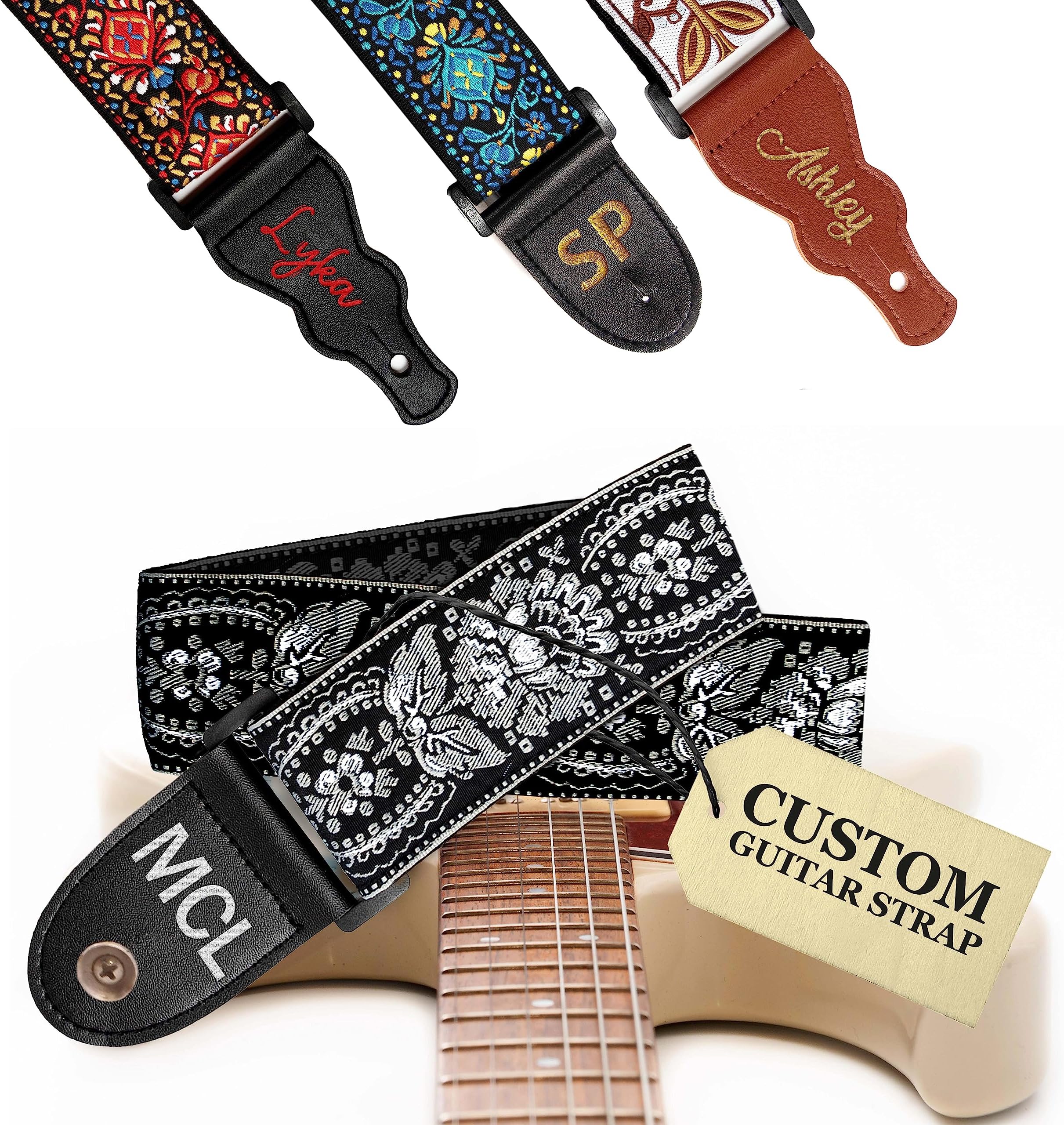 Art Tribute Personalized Guitar Strap Black Silver Classic Woven, including - 2 Picks + Locks + Secure Button. Add Your Text and We Make It Especially For You Get Your Own Custom Guitar Strap
