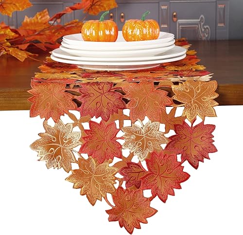 Miniatura 8 de GRANDDECO Camino de mesa de otoño de Acción de Gracias de 13 x 36 pulgadas con hojas de arce bordadas, decoraciones de mesa de cosecha de otoño para