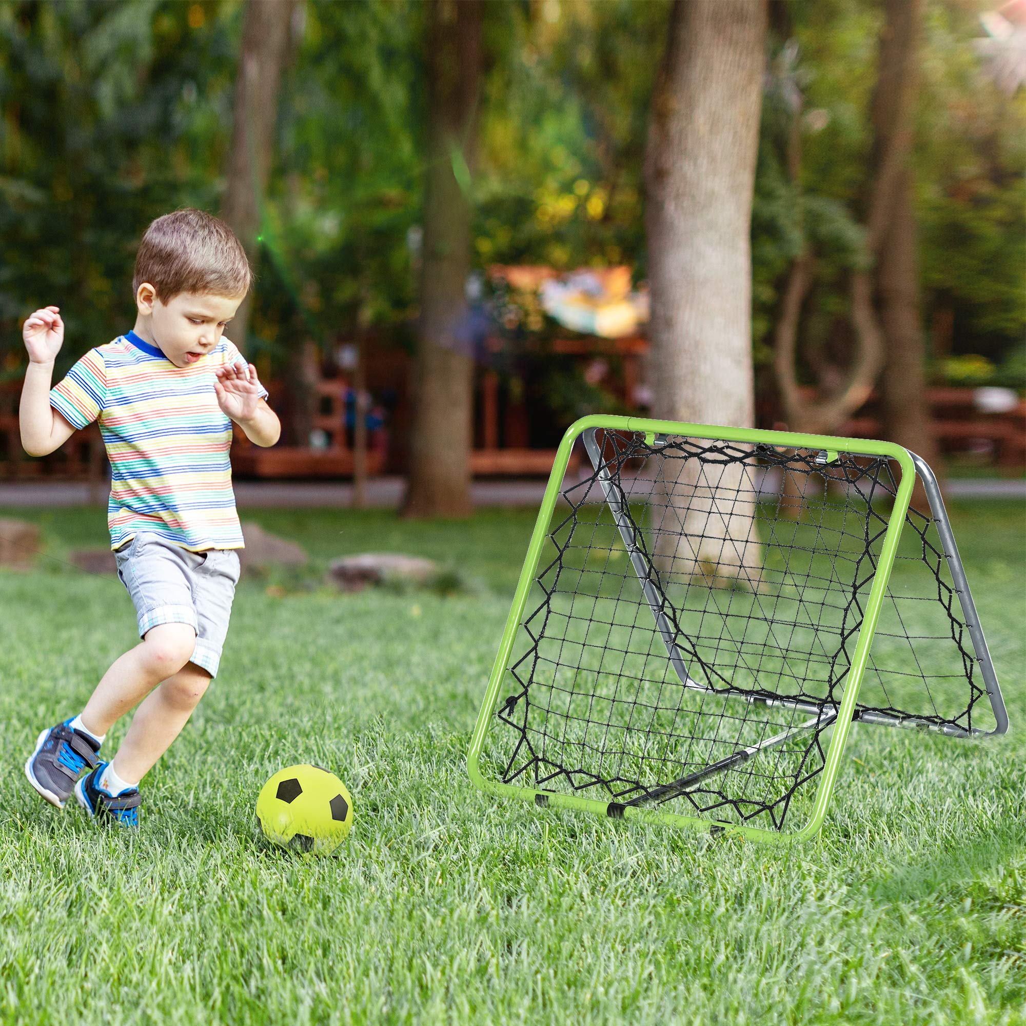 HOMCOM Football Rebounder Kickback Goal Filet de Rebond pour Baseball Basketball Rebond bilatéral Réglable en 5 étapes Métal Vert+Noir 75 x 75 x 64 cm