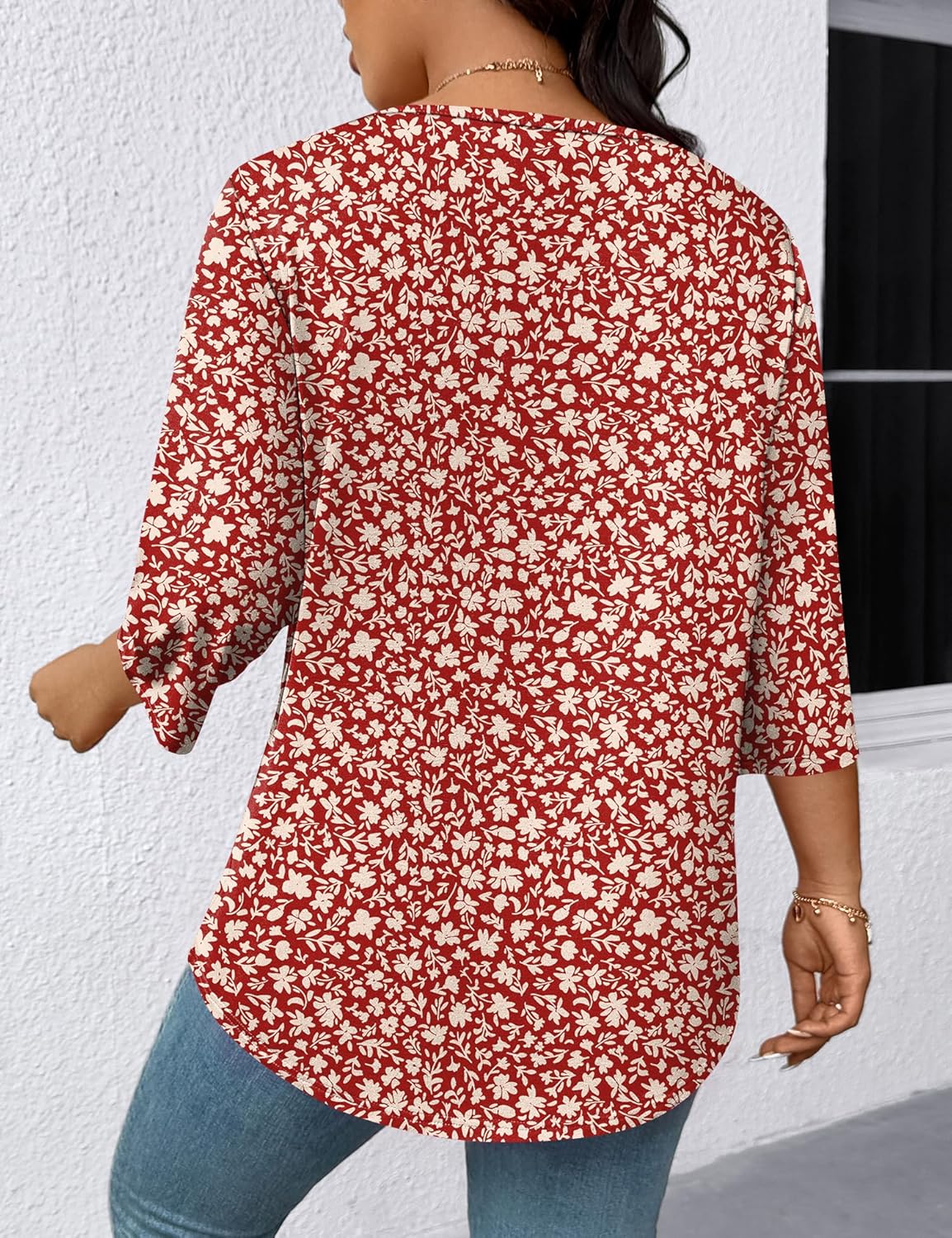 LOMON Womens Plus Size Tops 3/4 Length Sleeve Womens Tops Pleated Crewneck Fall Shirts Summer Blouses 2026 (1X-5X) - Image 6