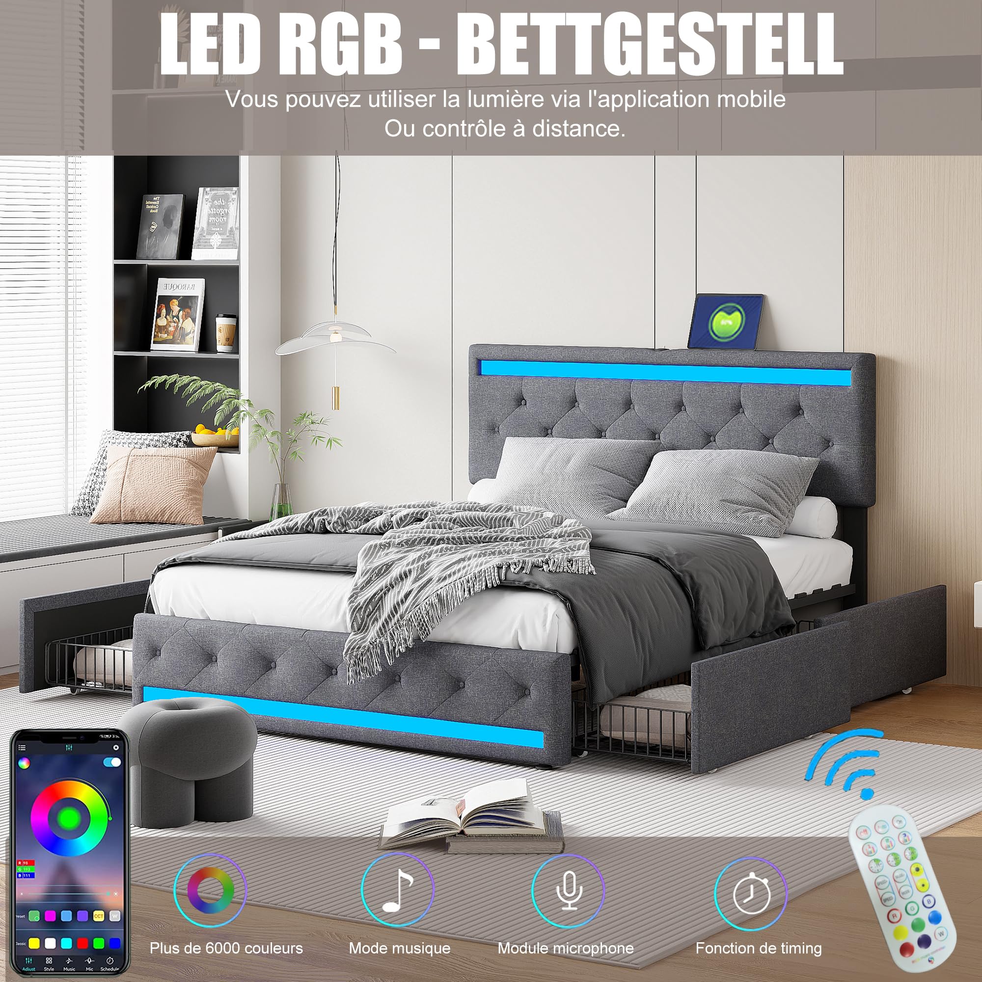 Lit Double 180x200 cm avec Sommier et 4 Tiroirs de Rangement, Lit Rembourré en Lin avec Tête de Lit à LED et Station de Charge USB/Type-C,Cadre de Lit Moderne Design Gris pour Adulte et Chambre d'amis