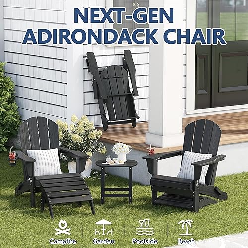 Miniatura 4 de Juego de 2 sillas Adirondack plegables al aire libre para patio, sillas ajustables de polietileno de alta densidad con textura de madera con soporte