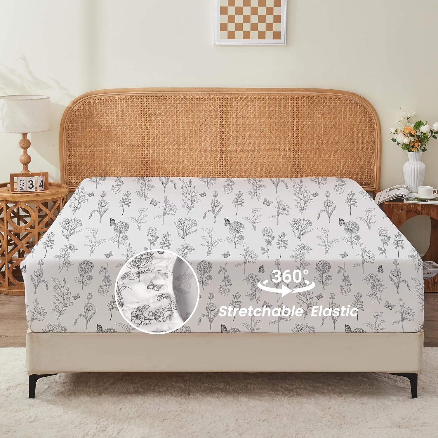 King Fitted Sheet Only,Microfiber Patterned Floral Fitted Sheet Deep Pocket 18 Inches, Ultra Soft & Wrinkle Resistant King Fitted Sheet Deep Pocket,Black and White Floral