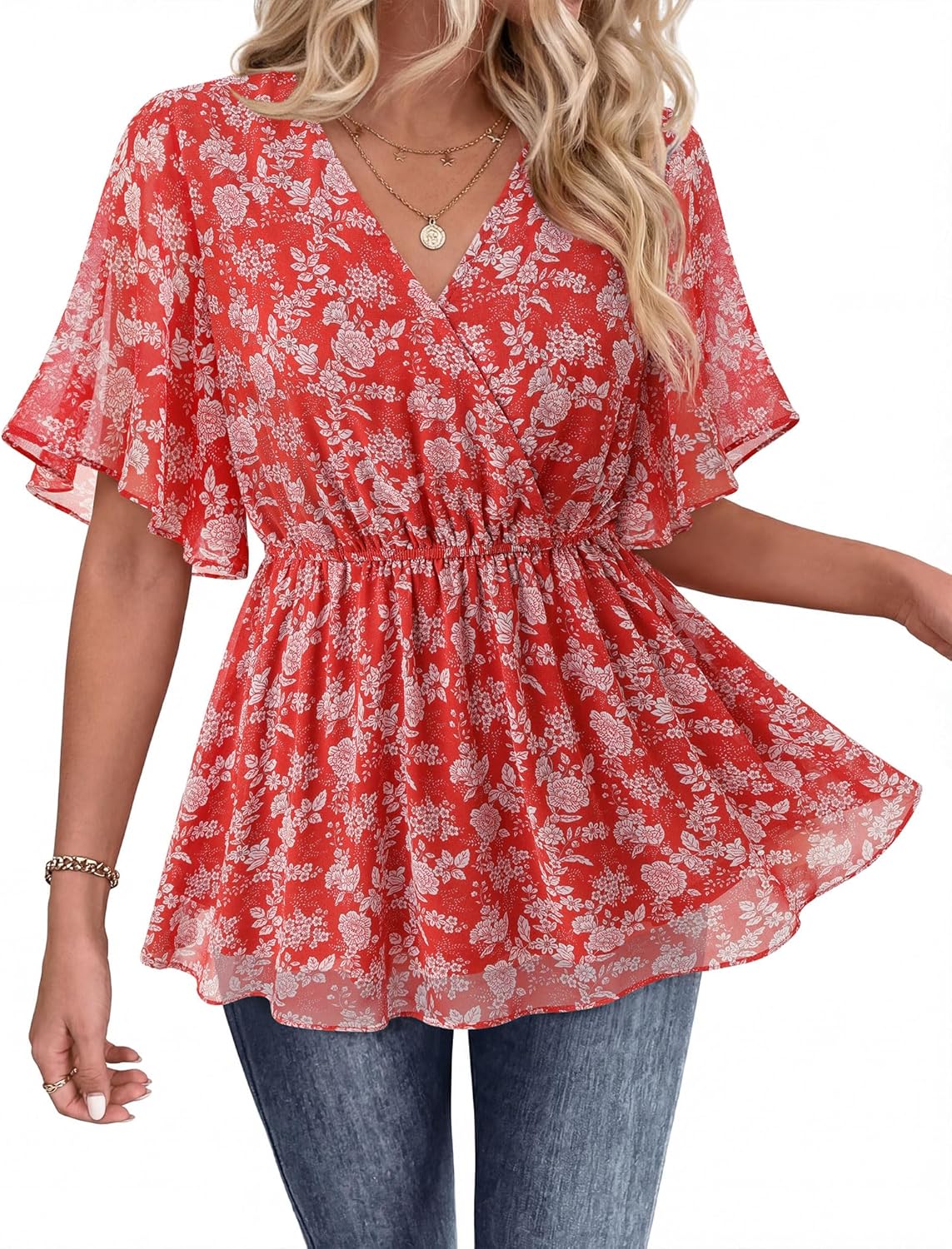 Lotusmile Womens Tops Elegant V Neck Dressy Casual Ruffle Sleeve Peplum Chiffon Fancy Flowy Blouses