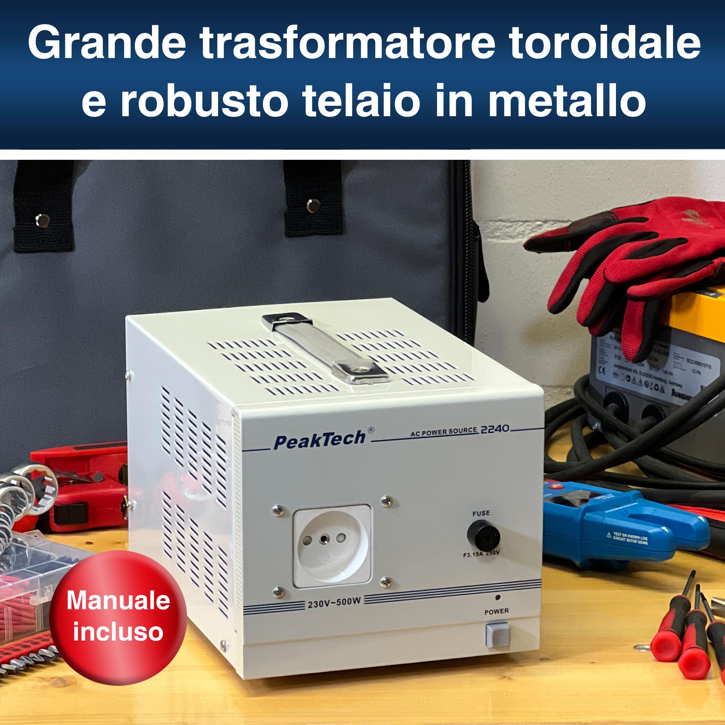 Peaktech 2240 - Trasformatore di Isolamento, Dispositivo di Misurazione, Nucleo Toroidale, Isolamento Galvanico, Classe di Protezione 1-160 x 125 x 235 mm