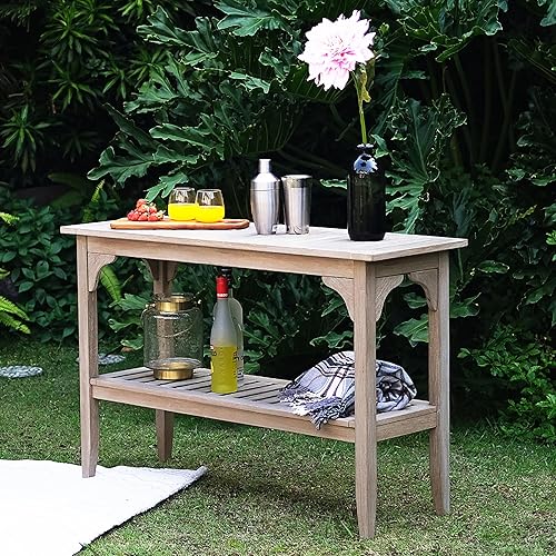 Cambridge Casual Mesa consola de teca indonesia Auburn para exteriores, acabado gris envejecido, mesa decorativa de madera de teca duradera y