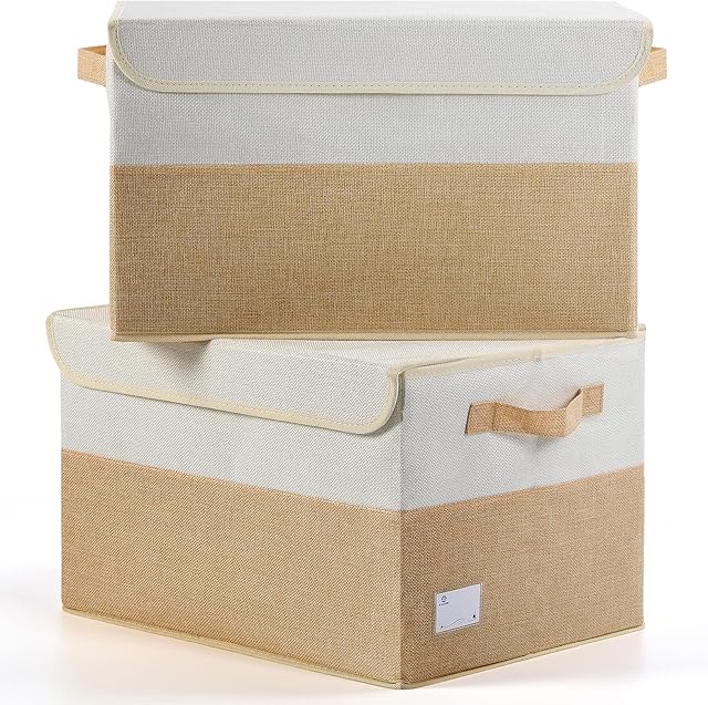 E-MANIS Large Foldable Storage Bin Storage Boxes with Lids,Fabric Storage Basket Cube Whit Handles for Organizing Shelf Nursery Home Closet & Office (2-Pack, Beige and White)
