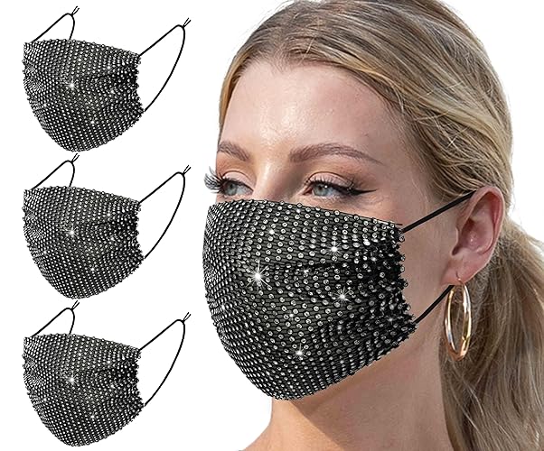 3 Pcs Black Rhinestone Mesh Face Mask Sparkly Rhinestone Custom Mask for Women Sequin Glitter Christmas Decoration Halloween Night Club Party Supplies Face Mask Female 2024 Gifts Decor Face Cover - 3 pieces - 3pc Black