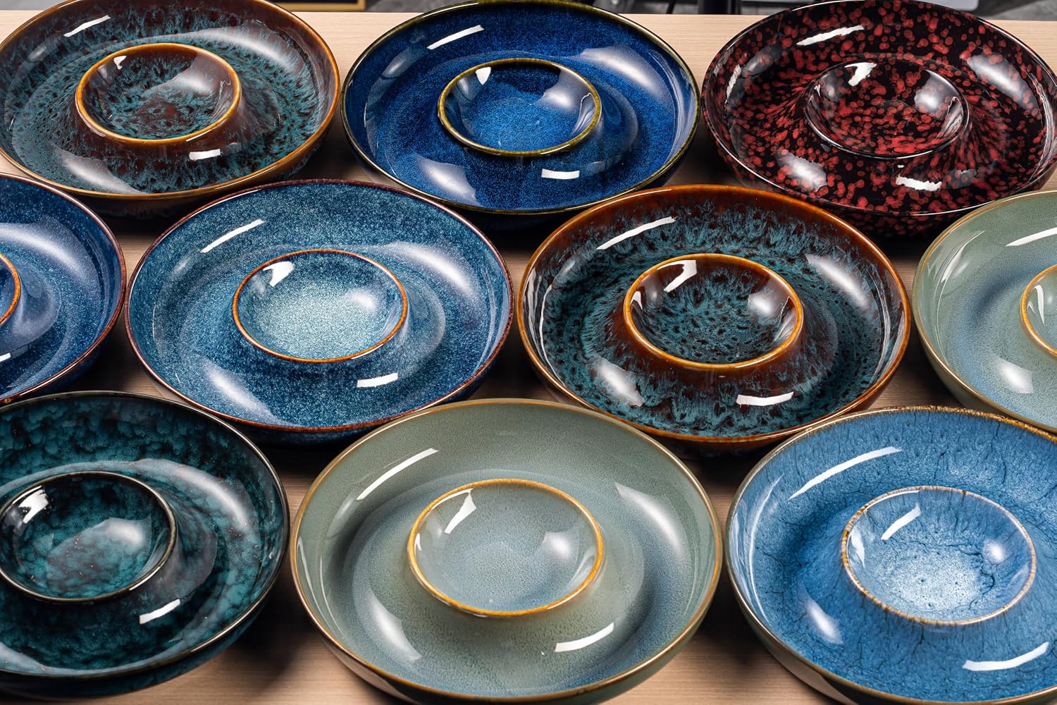 Ceramic Chips and Dip Serving Tray - Large Divided Party Bowl Set for Salsa, Veggies, Fruit & Snacks - Modern Minimalist Appetizer Platter with Unique Kiln-Change Glaze (Blue Wave) image 5
