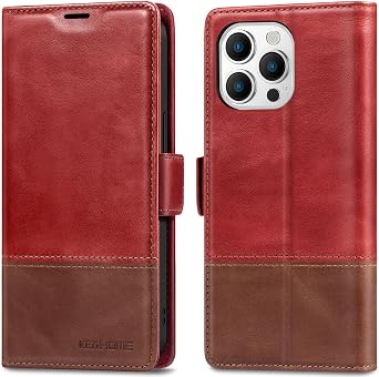 KEZiHOME for iPhone 15 Pro Max Wallet Case, Genuine Leather [RFID Blocking] Card Slot Magnetic Stand Phone Cover Flip Case Compatible with iPhone 15 Pro Max 5G Red/Brown