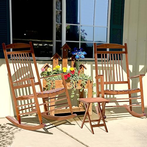 VEIKOU Mecedora, mecedora de madera de 3 piezas, resistente a todo tipo de clima, para interiores y exteriores, con respaldo alto y mesa auxiliar,