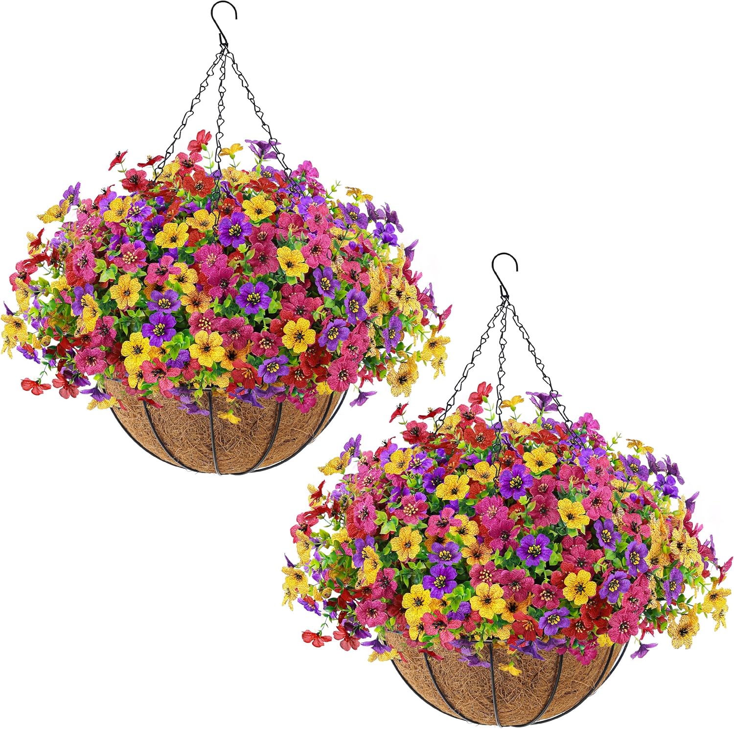 Der Rose 2 Pack Artificial Hanging Flowers Basket for Outdoors Fake Hanging Plants Spring Summer Decoration UV Resistant for Garden Front Porch Patio Balcony Decor