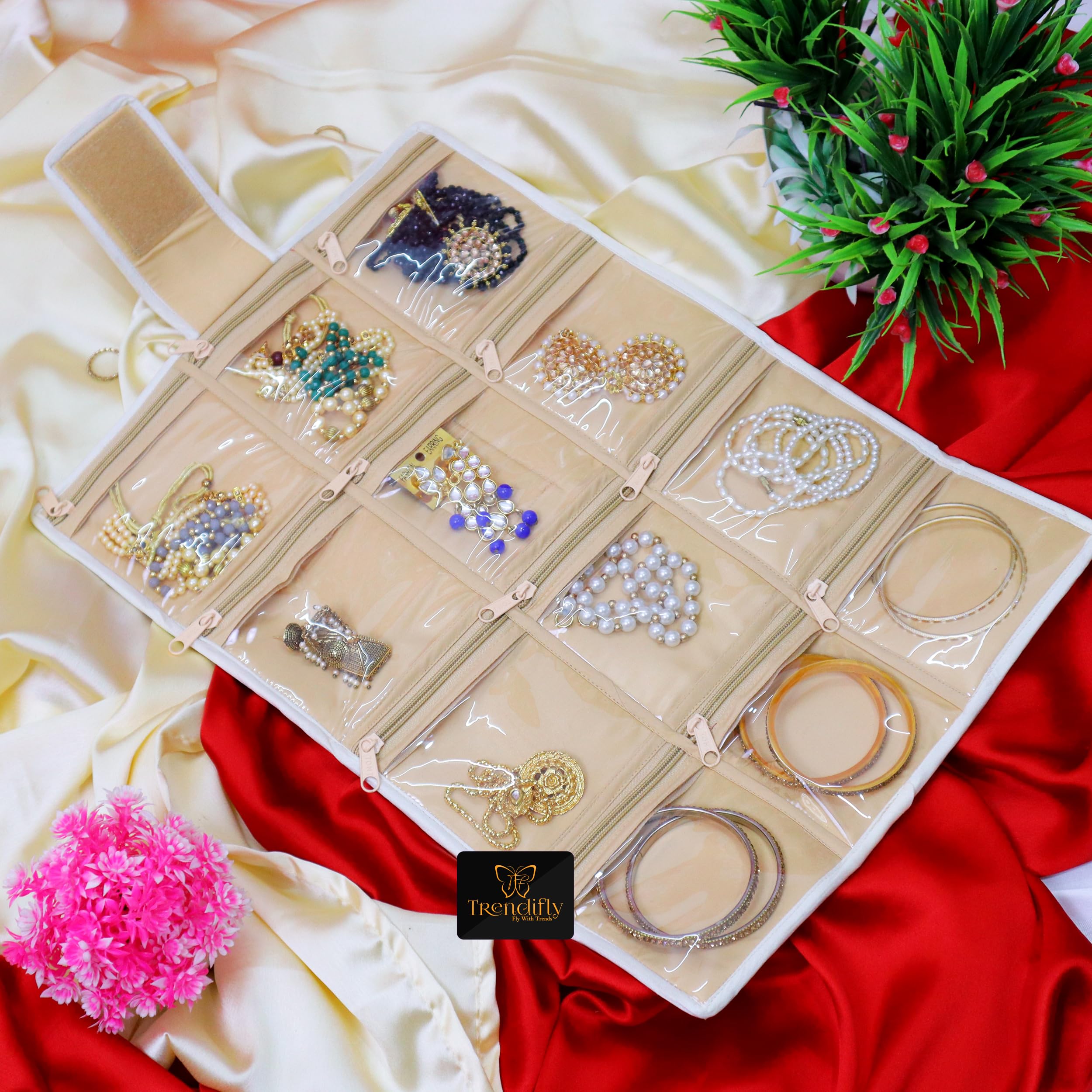 Trendifly Foldable Multipocket Jewellery Organizer Roll Pouch for Women Embroidery Design Portable Travelling Jewelry Bag 12 Transparent Pockets Earrings Necklace Bangles Rings Bracelet Girls (Cream)