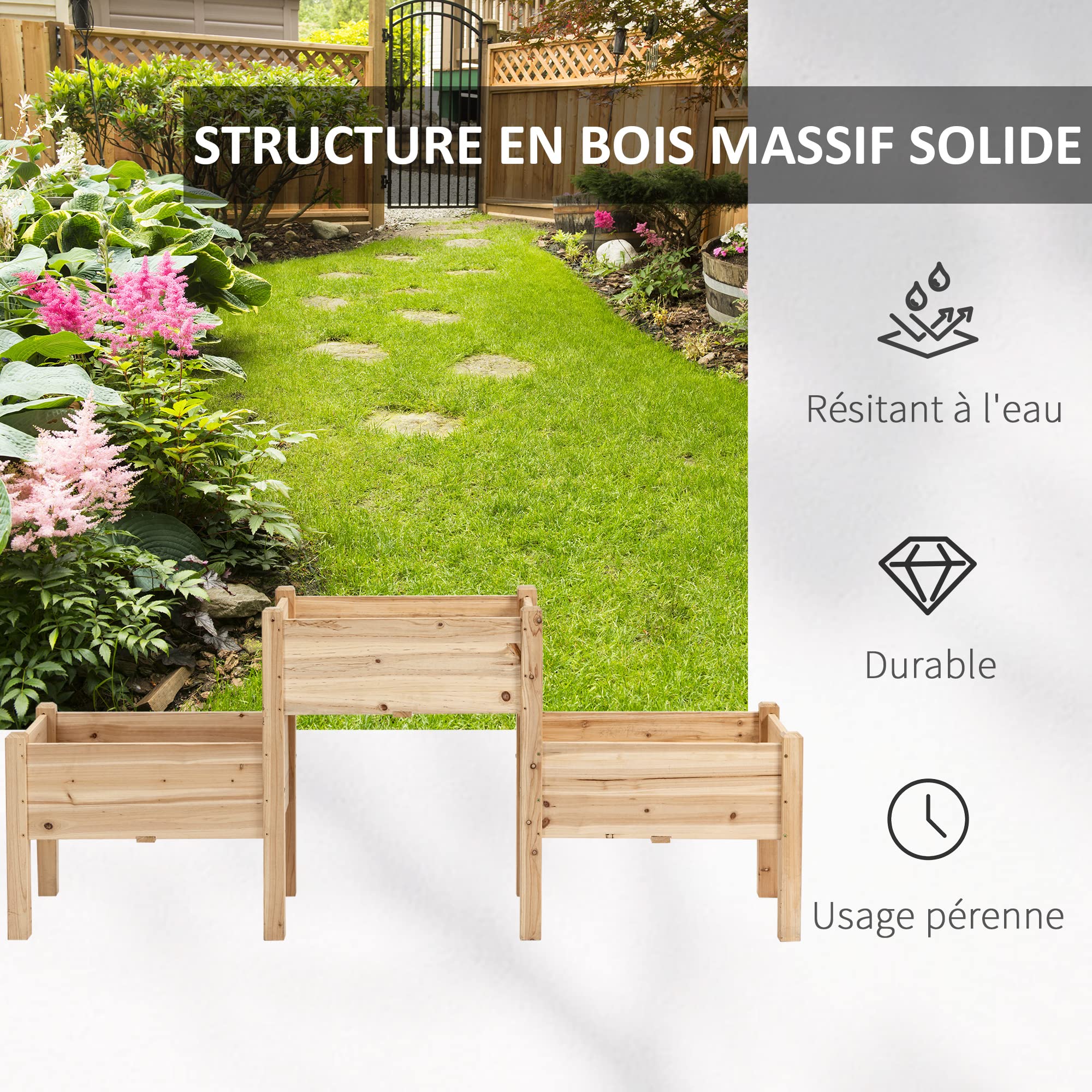 Outsunny Jardinière sur Pieds carré Potager 2 étages dim. 184L x 45l x 80H cm Inserts d'irrigation Bois Sapin pré-huilé | Inserts d'Irrigation, Bois Sapin Pré-huilé