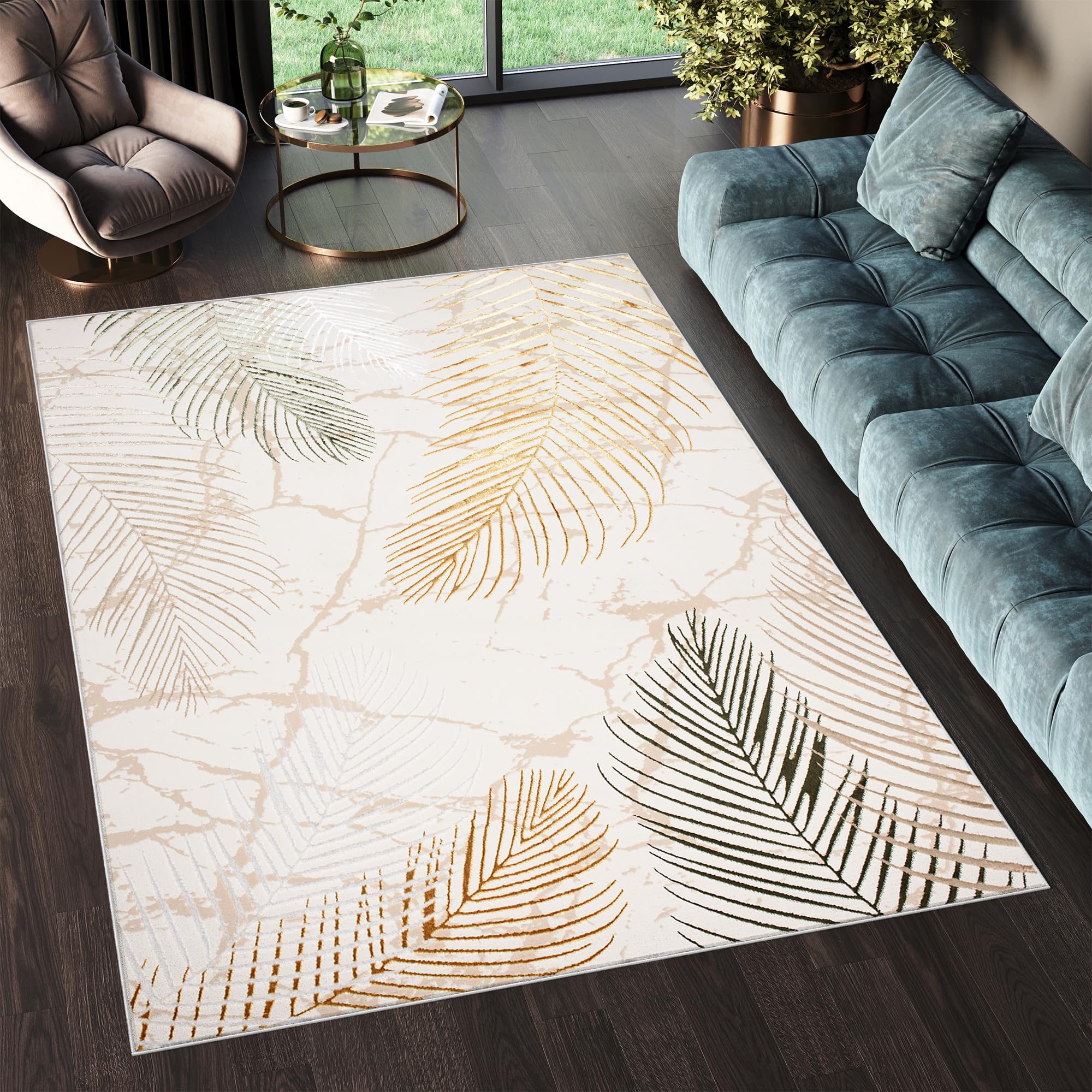 TAPISO Golden Alfombra de Pelo Corto Brillante Suave Moderna Hojas de Palmera Tropical Beige Dorado Verde Negro Alfombra de Salón Dormitorio Habitación Oeko-Tex 200 x 300 cm