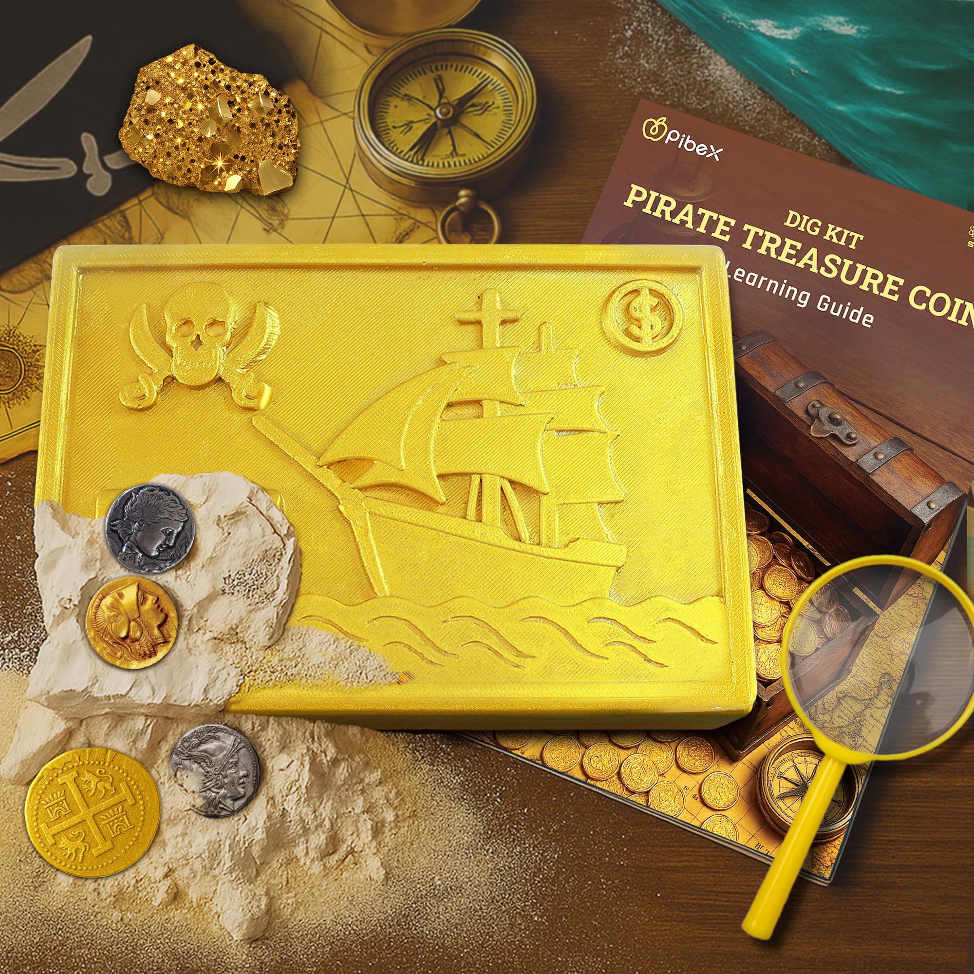PIBEX Pirate Treasure Coins Dig Kit, Dig & Collect 16+ Ancient Metal Coin Replicas, Fool’s Gold & Pirate Charms - Image 3