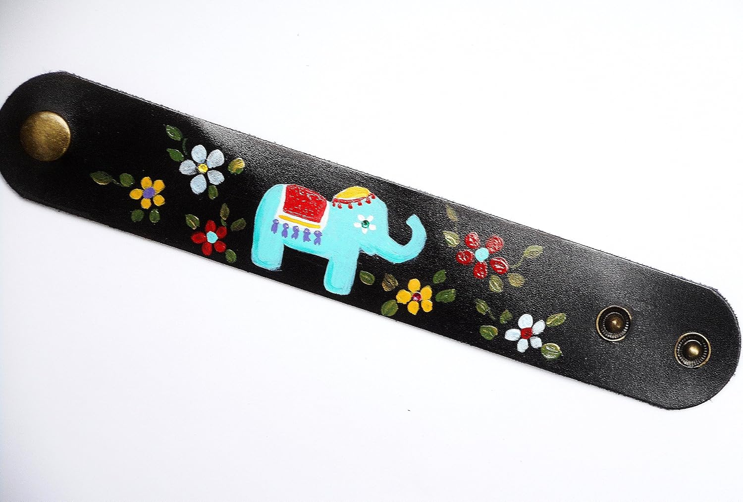 Boho Style Adjustable Cute Black Leather Cuff with Artist Painted Turquoise Blue Elephant Flowers and Sparkling Crystal Rhinestones