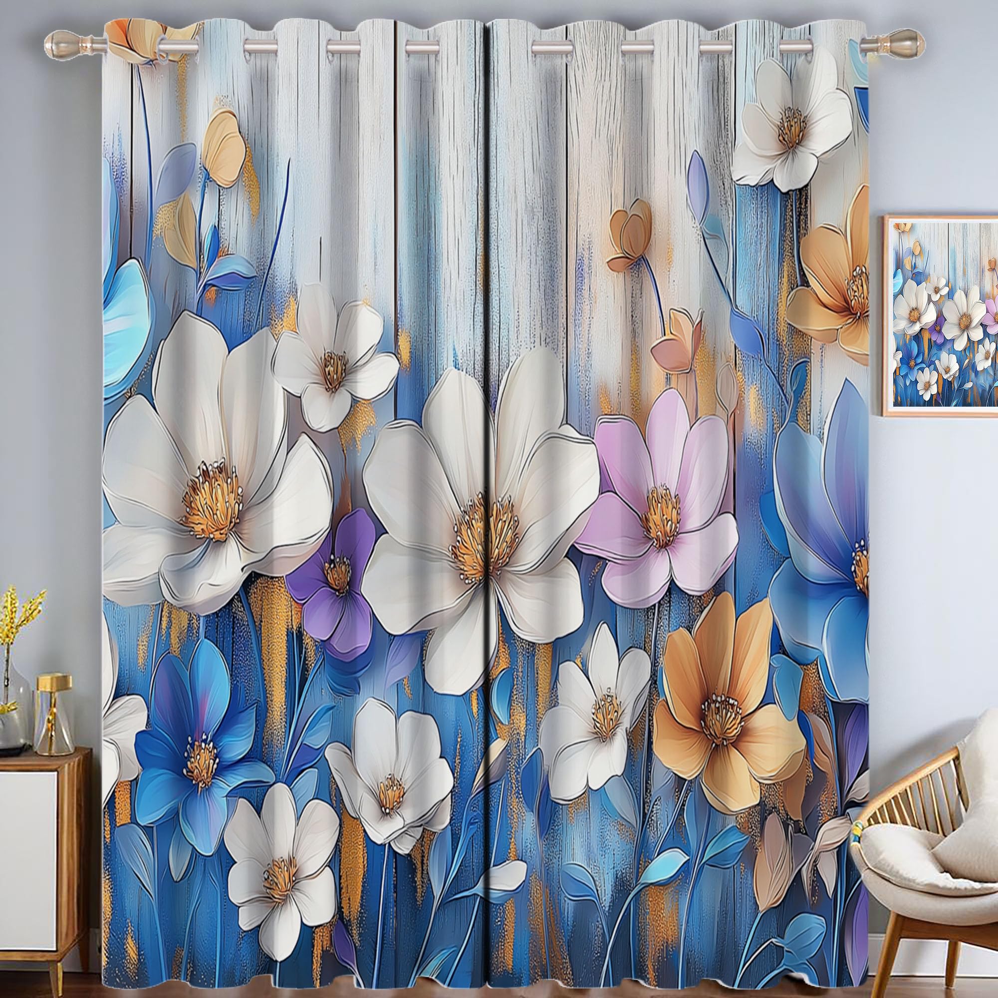 Rideaux occultants modernes art floral bleu blanc or | Tissu lourd thermique haut de gamme