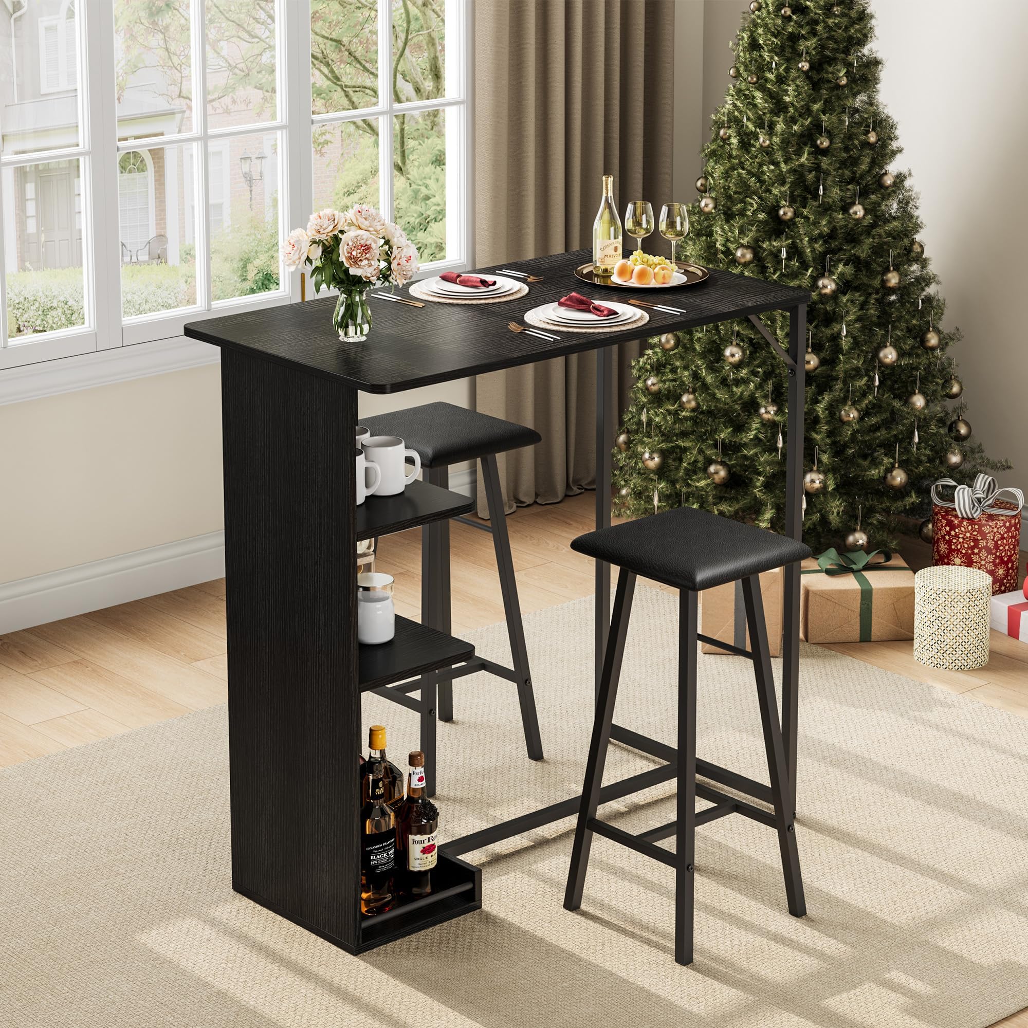Garvee Conjunto de Bar Industrial 3 Piezas con 3 estantes – Mesa y 2 taburetes, Soporte para Copas – Ideal para Cocina o Comedor pequeño – Negro con Estructura y cojín Negros