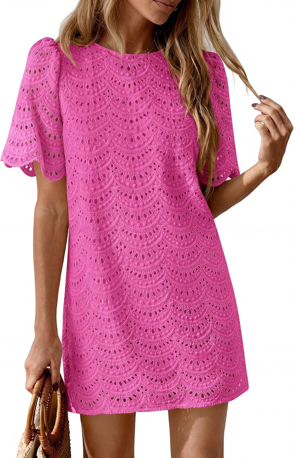 PRETTYGARDEN Women's 2026 Summer Casual Short Dresses Embroidered Lace Short Sleeve Boho Mini Dress Beach Vacation Clothes - Image 5